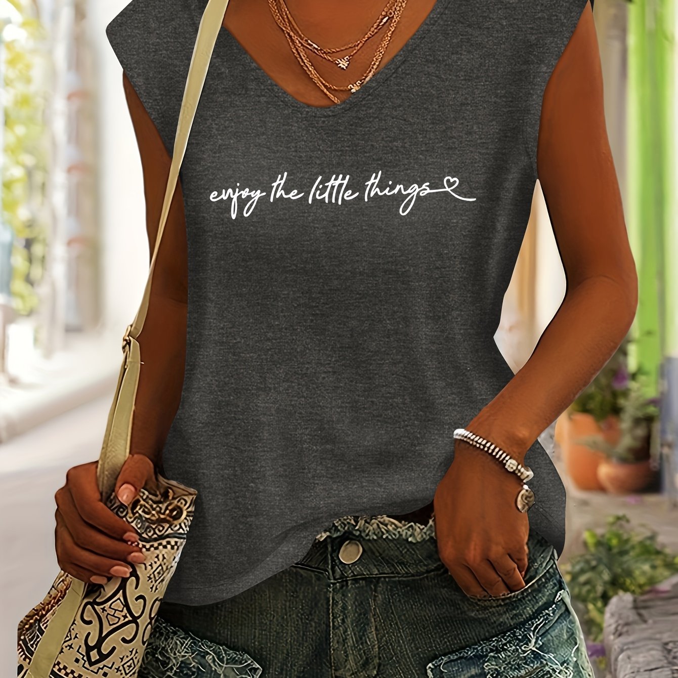 TEMU Enjoy Text Element Print Spring/summer Vest Style V-neck Dolman Short Sleeve T-shirt