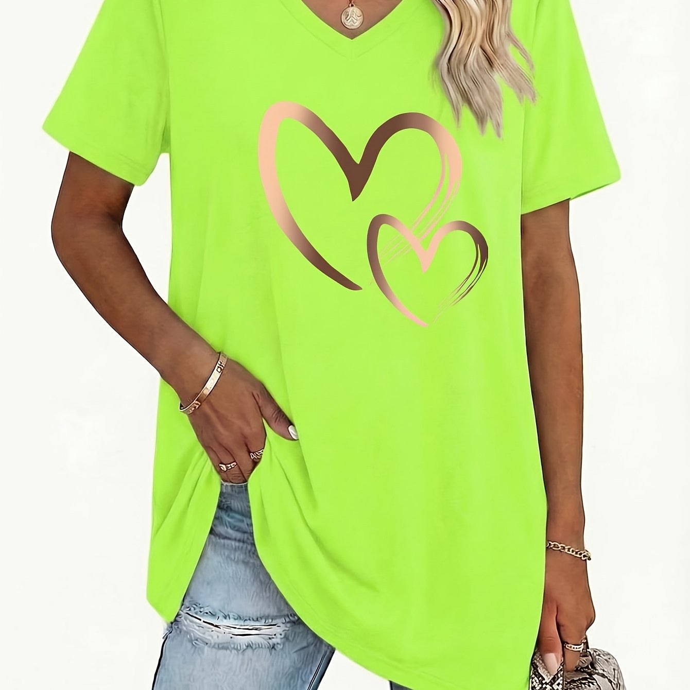 TEMU Plus Size, Plus Size Women's V-neck Geometric Pattern T-shirt