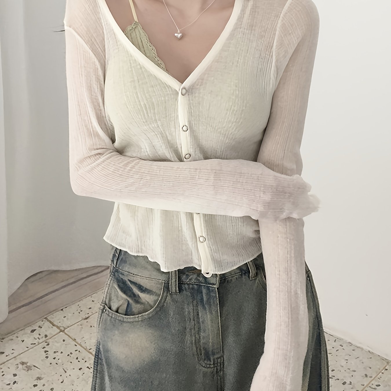 TEMU 2026 Spring Cardigan Women's V-neck Lace Trim Short Sleeve Short Jacket, Ribbed Breathable Pure Sweet Casual Cami Outerwear Layering Dress