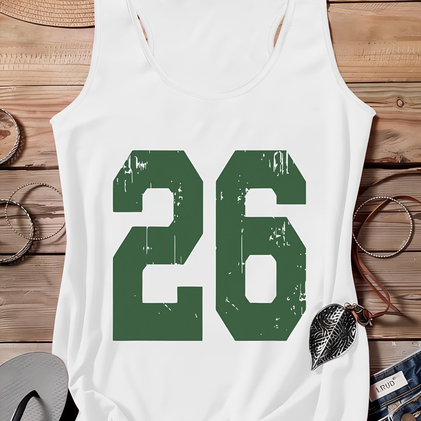 TEMU Una serie de números arábigos, una camiseta de tirantes cómoda e con un estampado completo de la letra '26', adecuada para viajes, ocio y