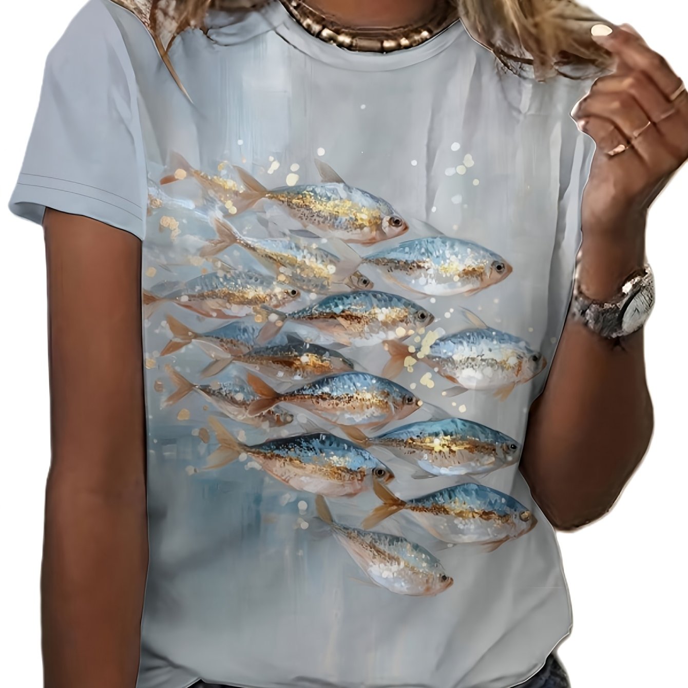 TEMU [printed Design - Not Textured] Ladies' Fashion (no Additions) Fish Print Women's Short-sleeve T-shirt, Vibrant And Fresh Ocean Illustration