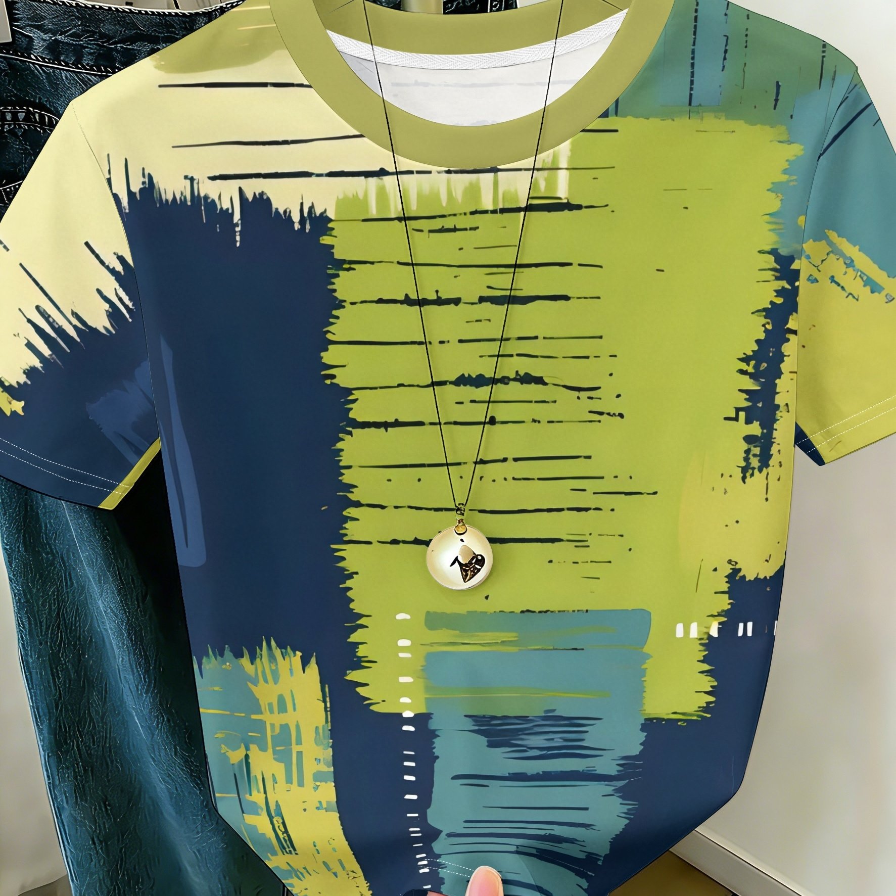 TEMU Layered Graffiti Color Block Print Women's Summer T-shirt, Irregular Teal Blue Green Pattern Print Short Sleeve