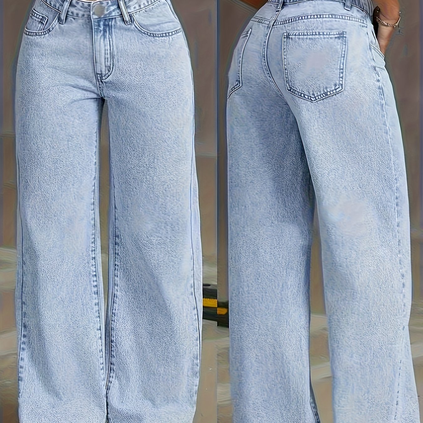 Image of Women's Mid-waist Wide-leg Jeans With Elastic Back Waistband - Retro Washed Blue, Loose Straight-leg Pants, Casual And Fashionable