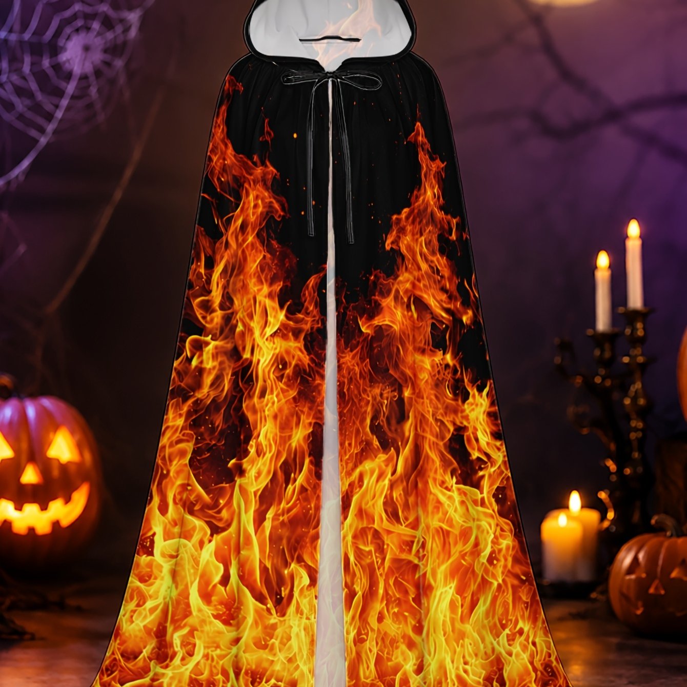 TEMU 1pc Dark Magic Halloween Cloak With Flaming Flames Dance Design, Hooded Robe For Adult Dress-up, Trick-or-treat, And Christmas Fantasy Roleplay
