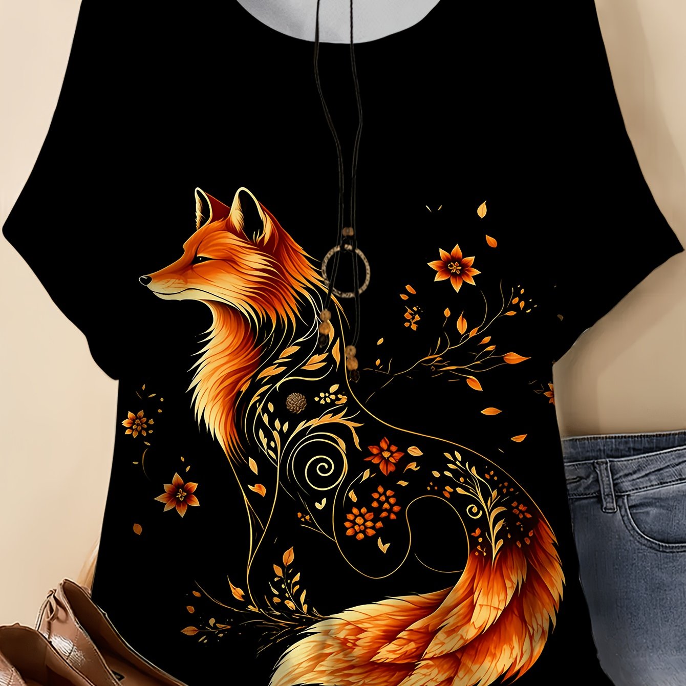 TEMU Plus Size, Plus Size Women's Fox Pattern Printed T-shirt, Round Neck Short Sleeve Summer Top, Casual Outdoor Wear, Casual And Elegant Summer Top
