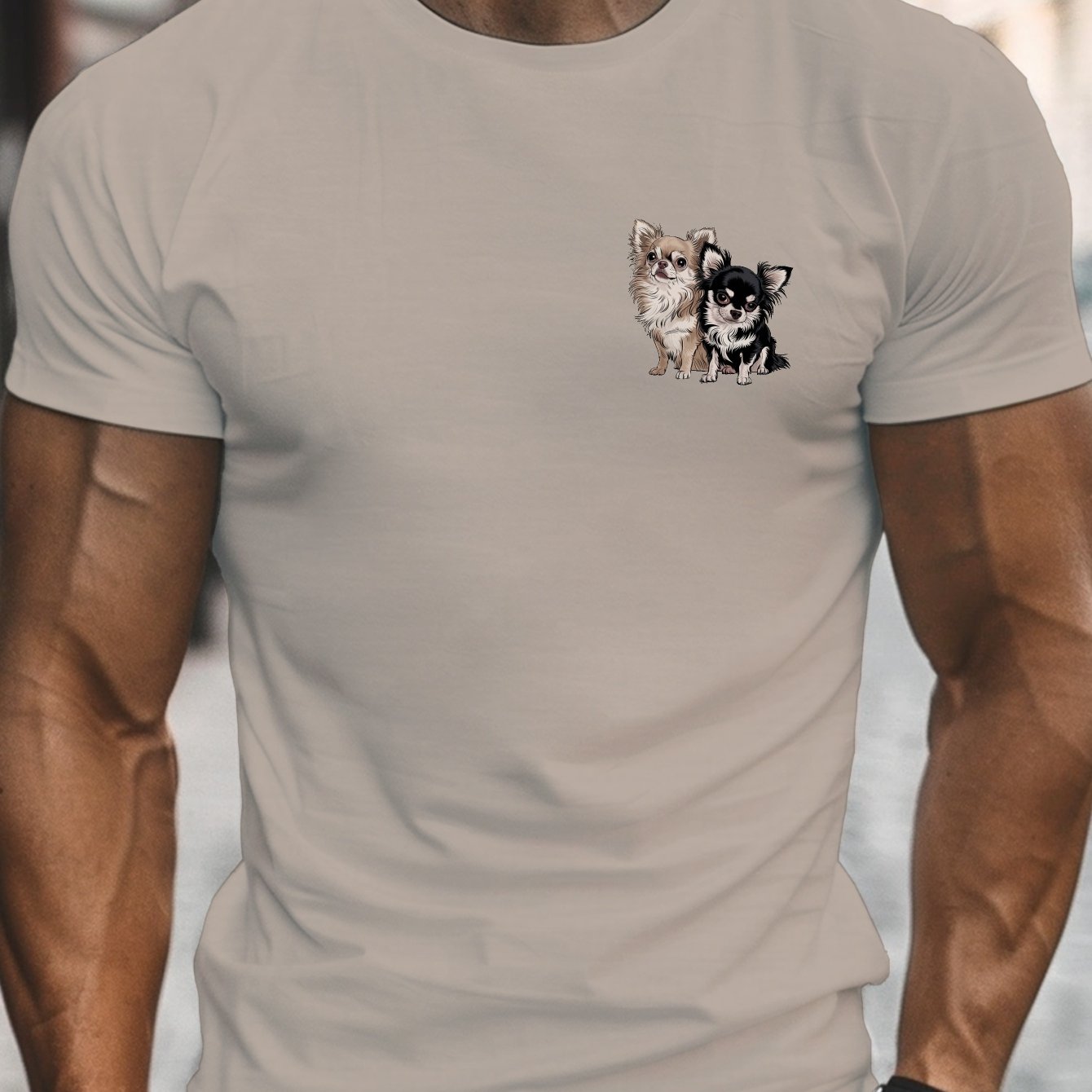 TEMU Men' Chihuahua Faces Graphic Print Crew Neck T-shirt - Lightweight Summer Tee With , Regular Fit Casual Short Sleeve Top For Adults, Dog Tee