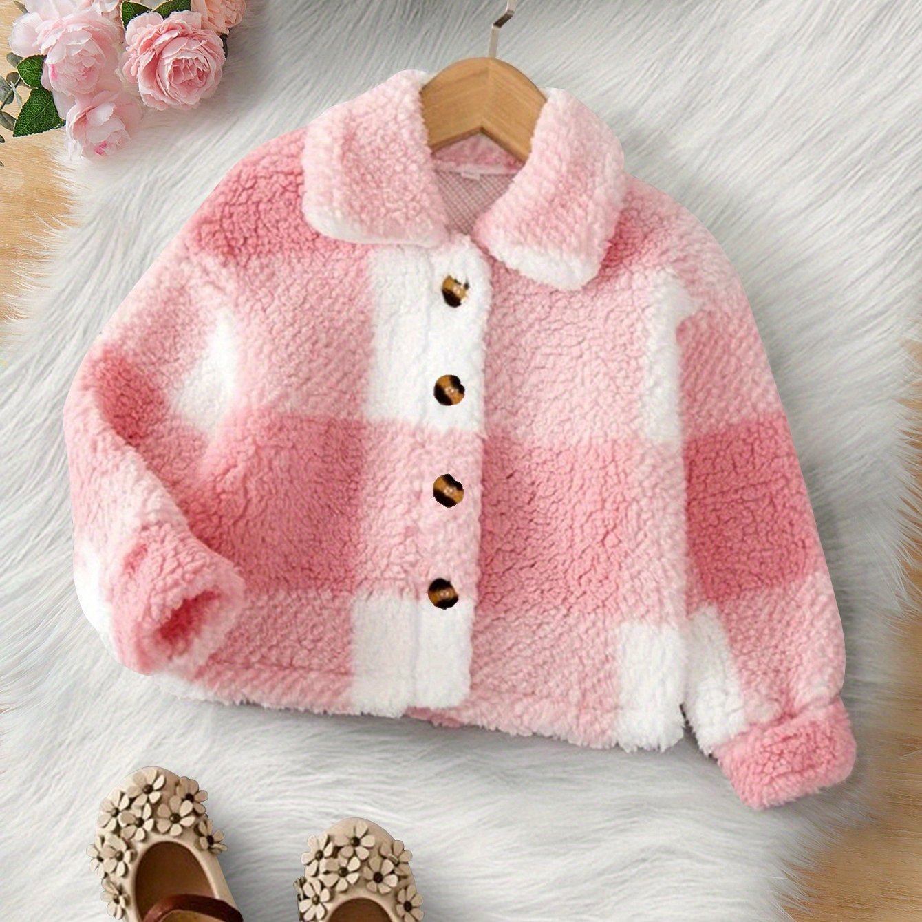 Girls' Fashion Versatile Winter Fuzzy Coat, Stylish Slim-fit Lapel Plaid Cardigan For Toddlers, -lined Thick Warm Outerwear
