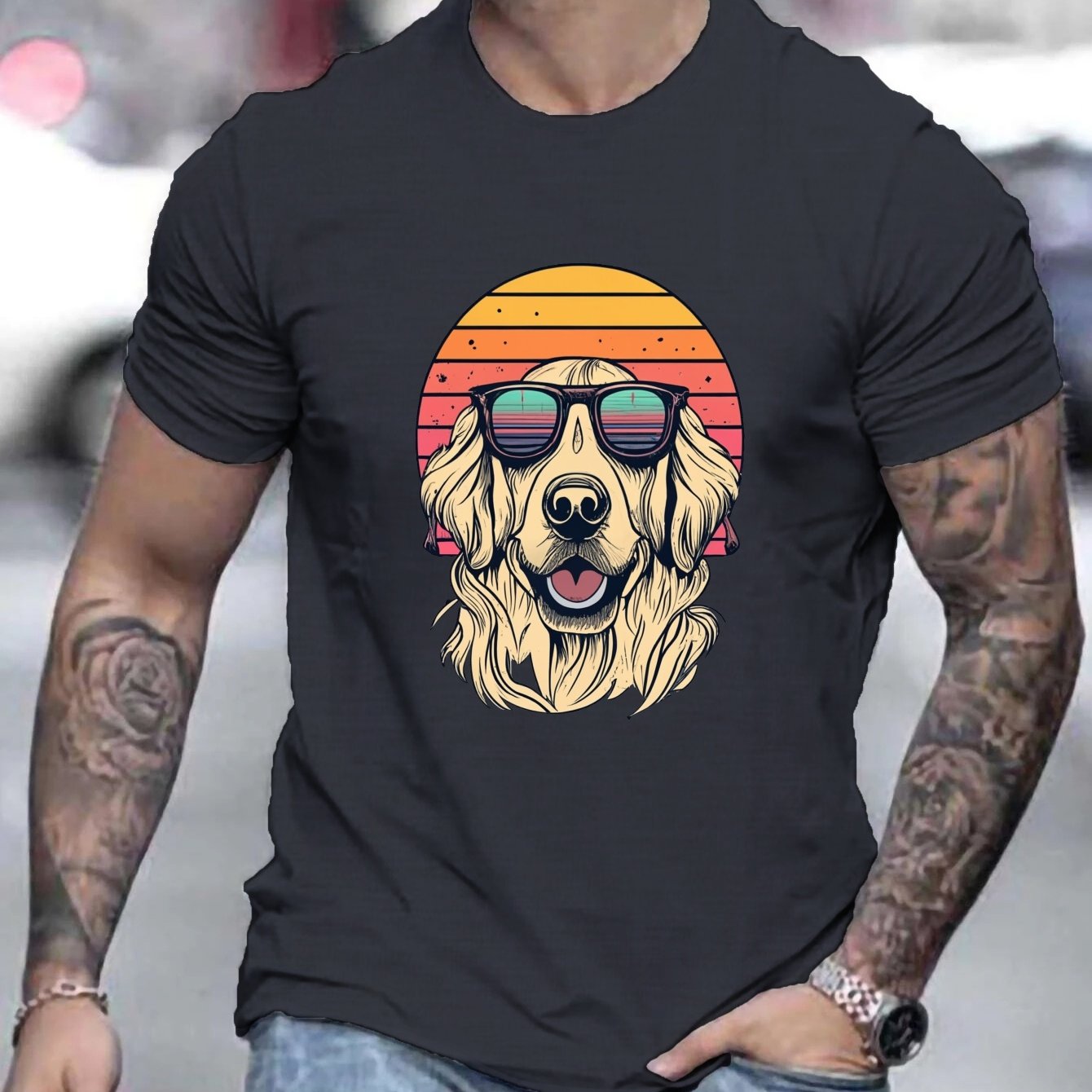 TEMU Vintage Golden Retriever Sunset Men's T-shirt