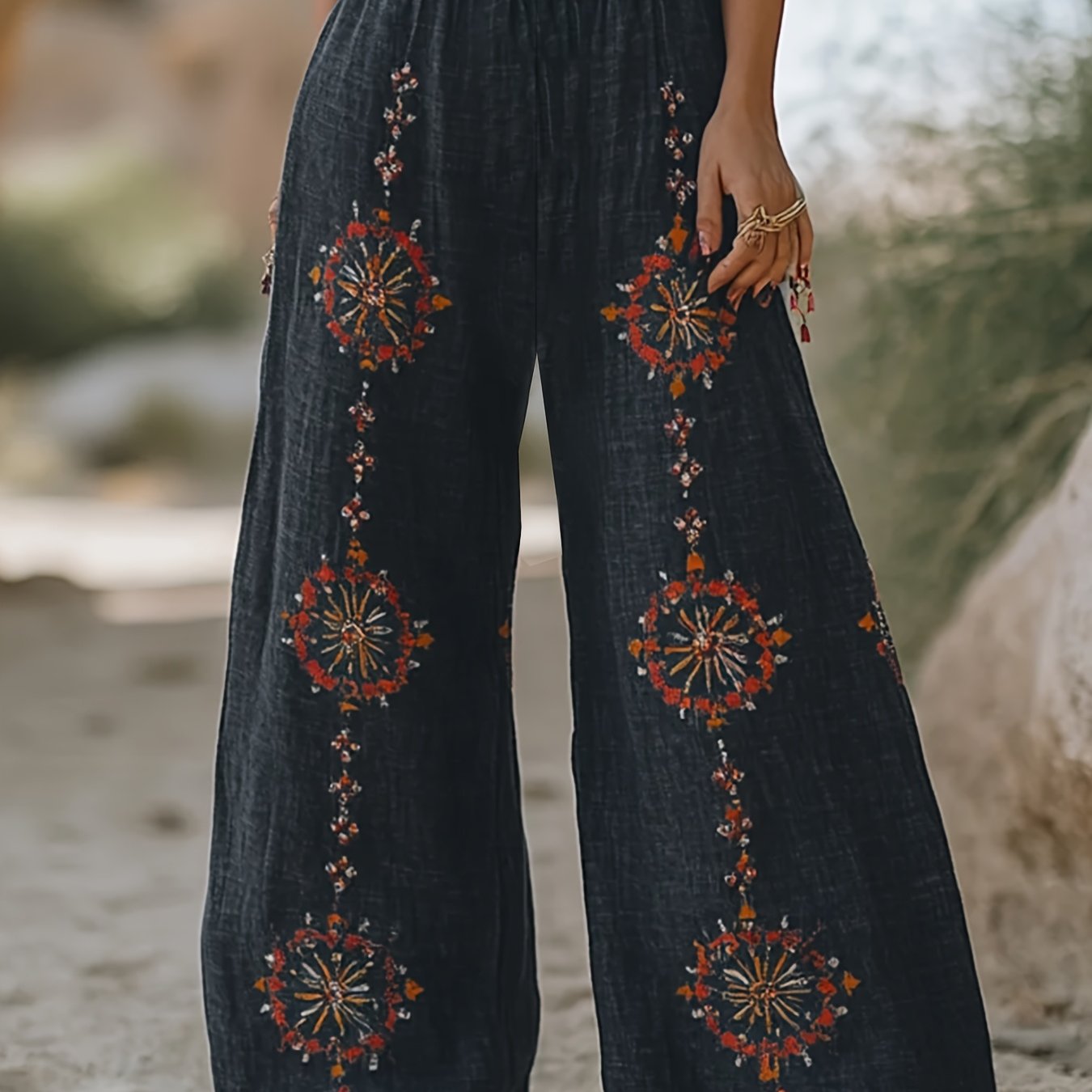 Plus Size - Spring/autumn - Niche Loose Casual Retro High-waist Random Print Wide-leg Pants