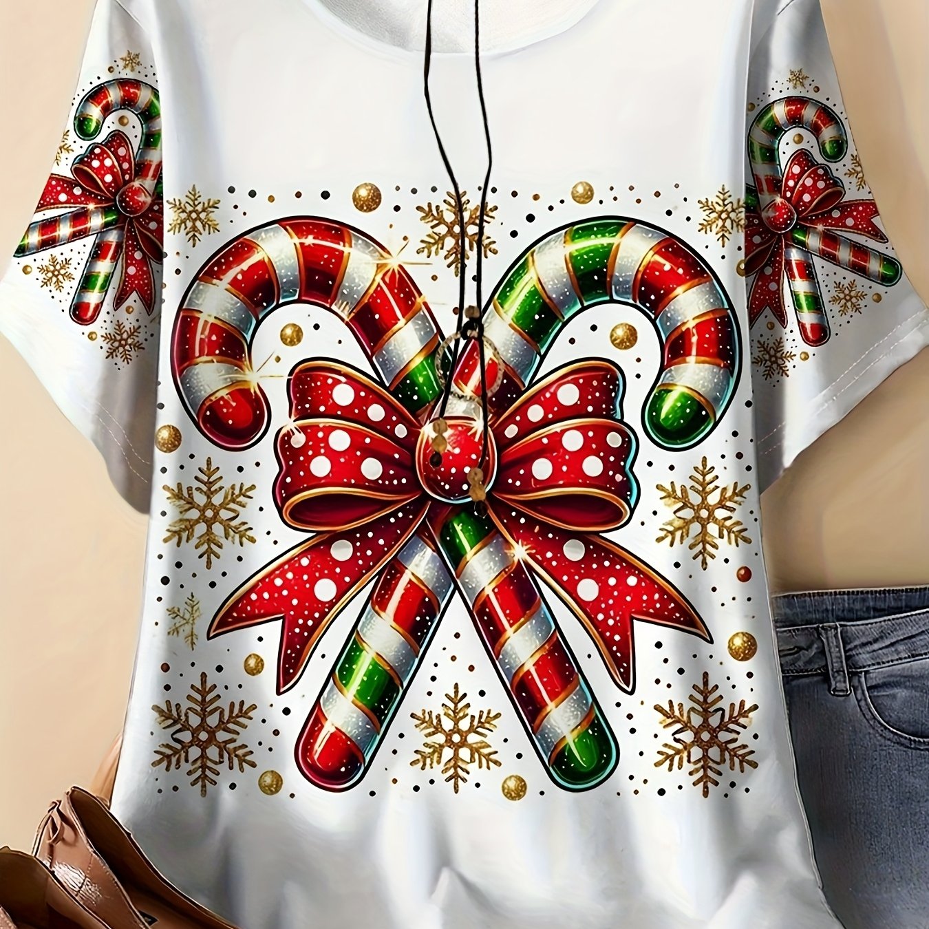 TEMU Plus Size - Plus Size - Women's Casual Short-sleeve T-shirt - Christmas Holiday Elements - Printed T-shirt Item, Stylish And Machine Washable,