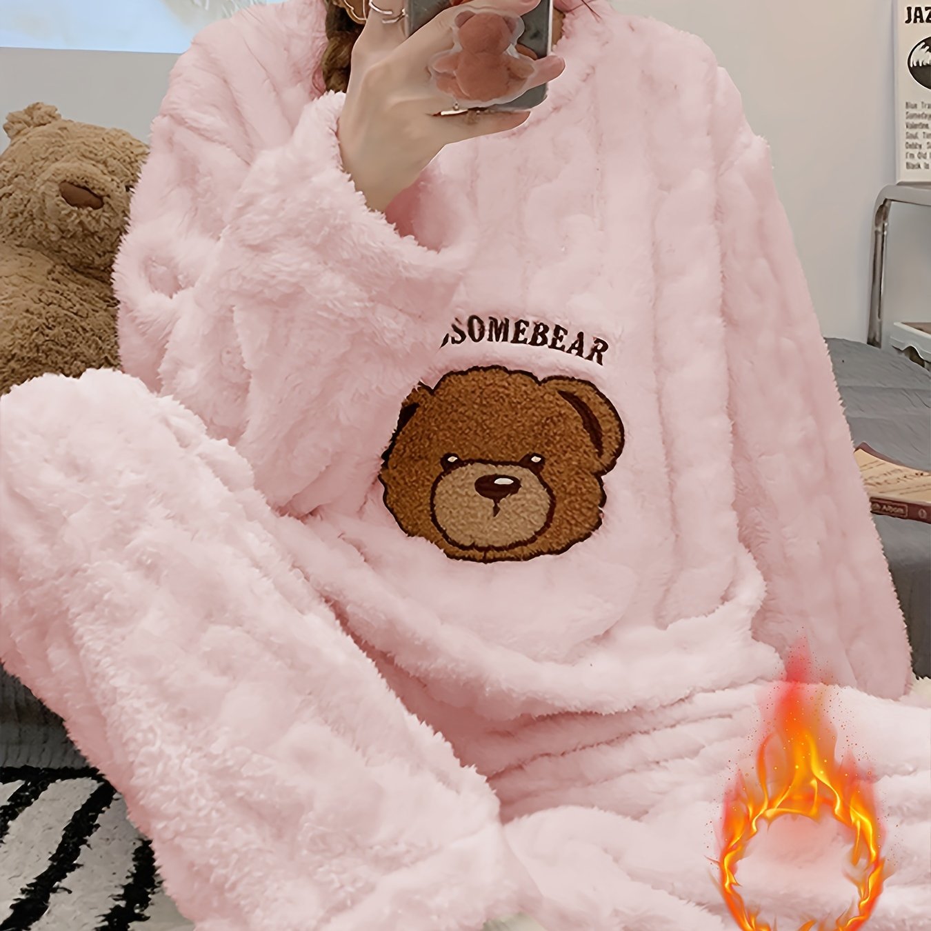 TEMU New Autumn/winter Thick Warm Pajama Set, Jacquard Plush Long-sleeve With Flannel Pants, Winter Sleepwear Set