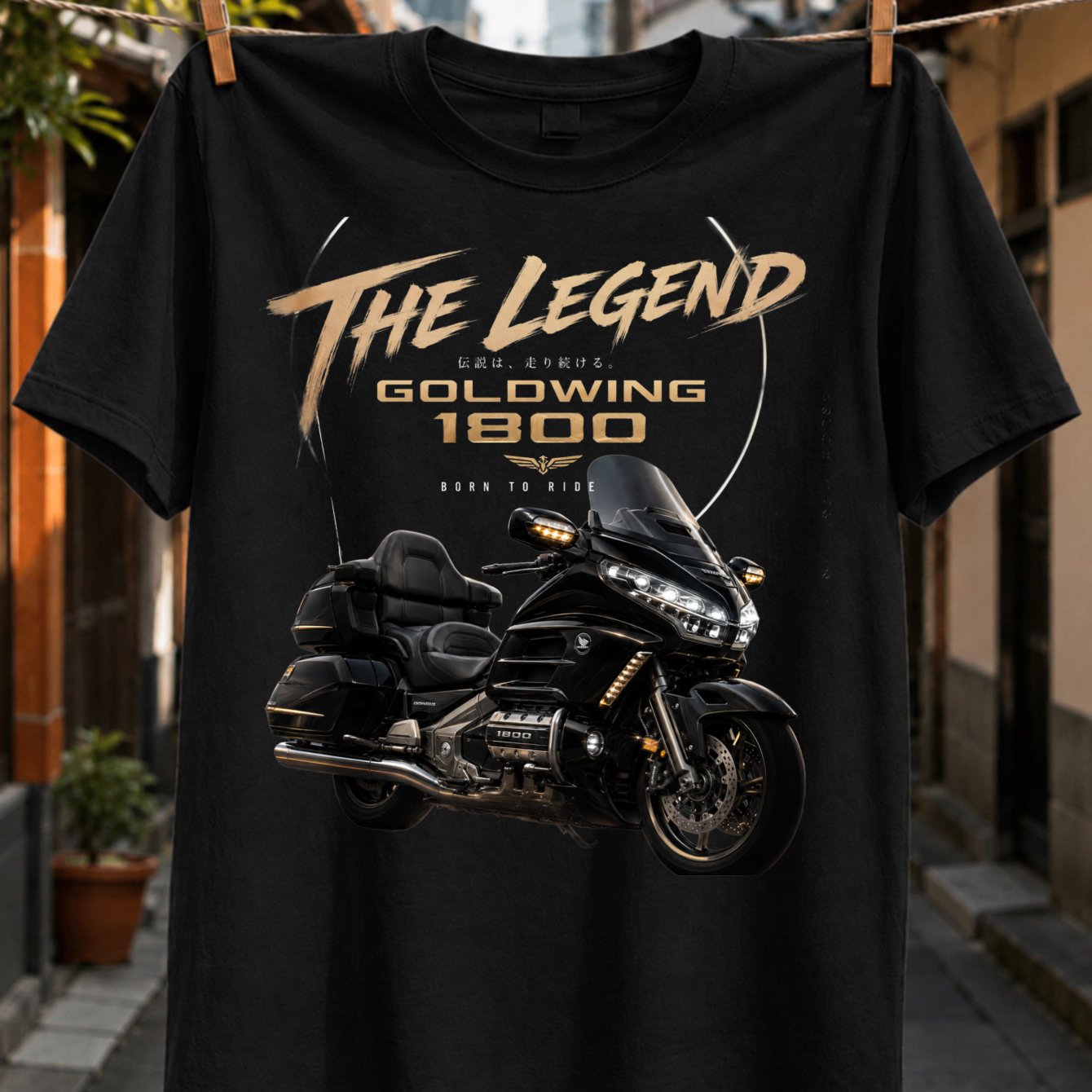 Image of The Legend 1800 Touring Motorcycle With Golden Lettering Statement Design Graphic T-shirt Unisex All T-shirt
