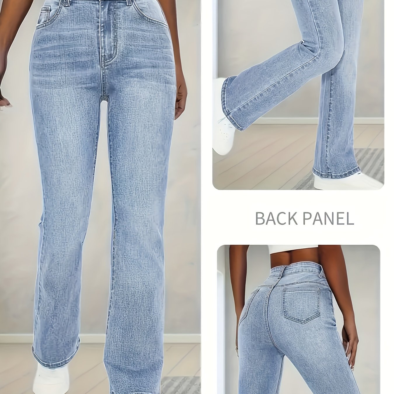 Image of "women's Stretch Straight-leg Denim Pants - Classic Washed Blue Relaxed Fit Casual Trousers, Comfortable Design For Wear. Perfect For Weekend , Dates, Shopping, And Travel. Versatile Pants For ."