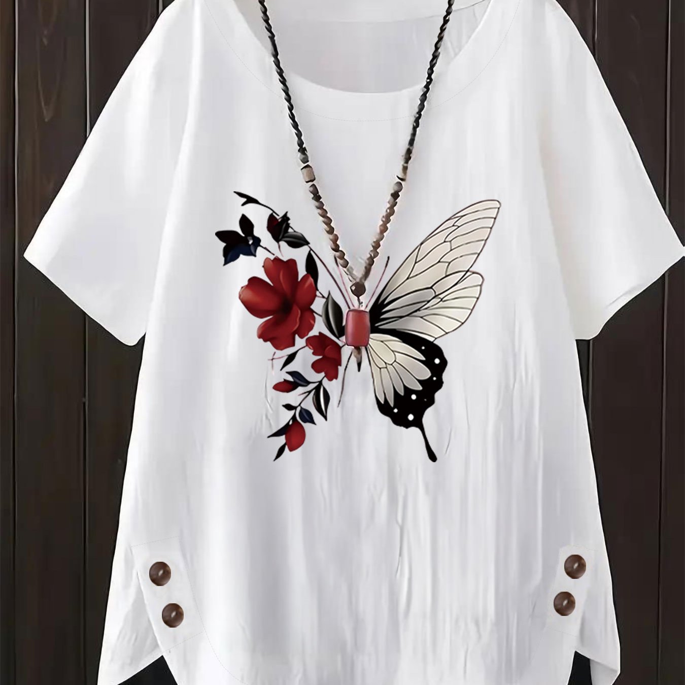 TEMU Summer Women's Top, Dark Style, And Floral Print, Black, White, And Red, Loose Fit, Casual, Short Sleeve Shirt Top
