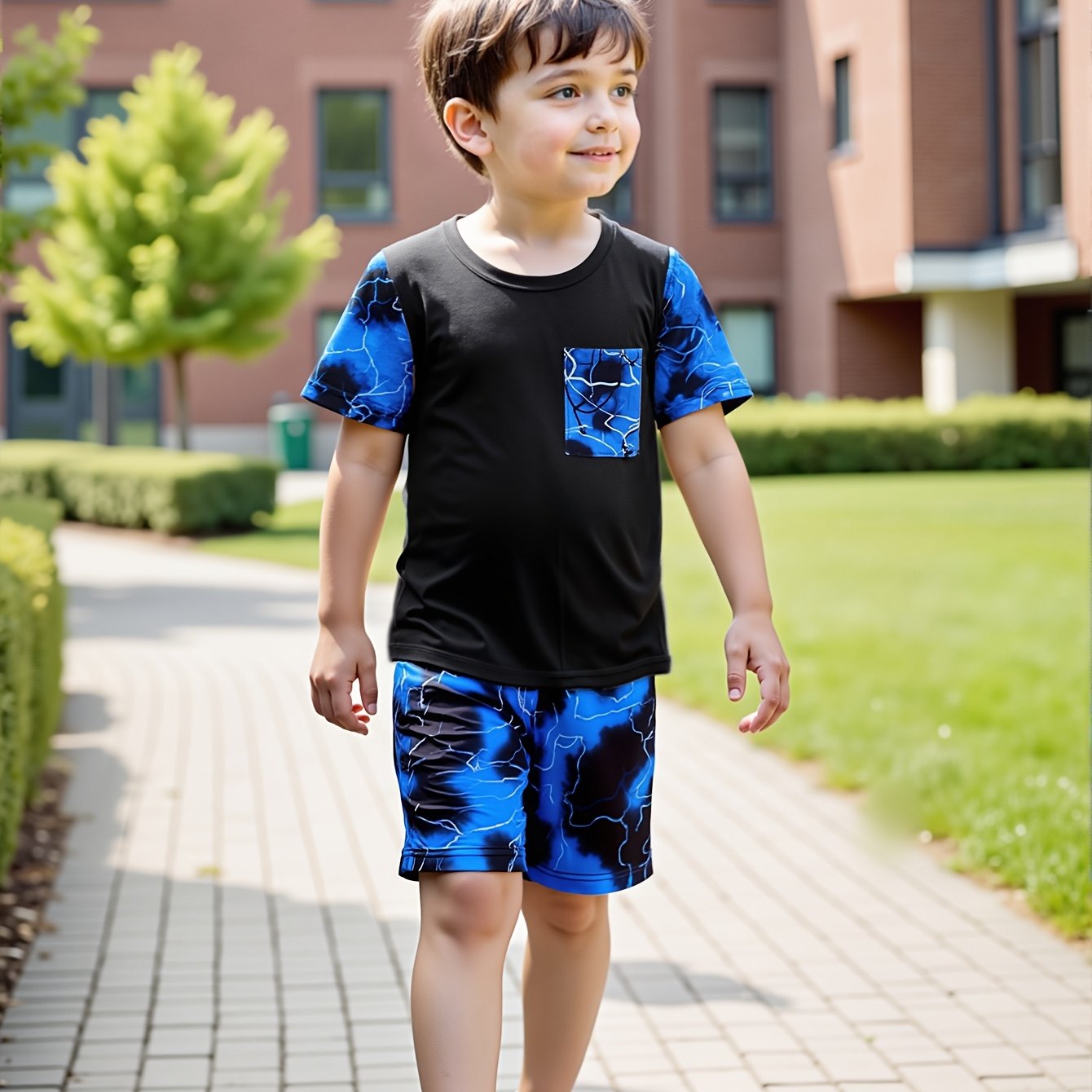 Summer Style Blue "lightning" Pattern Top With Pockets Short Sleeve Shorts Two-piece Set, For Outdoor