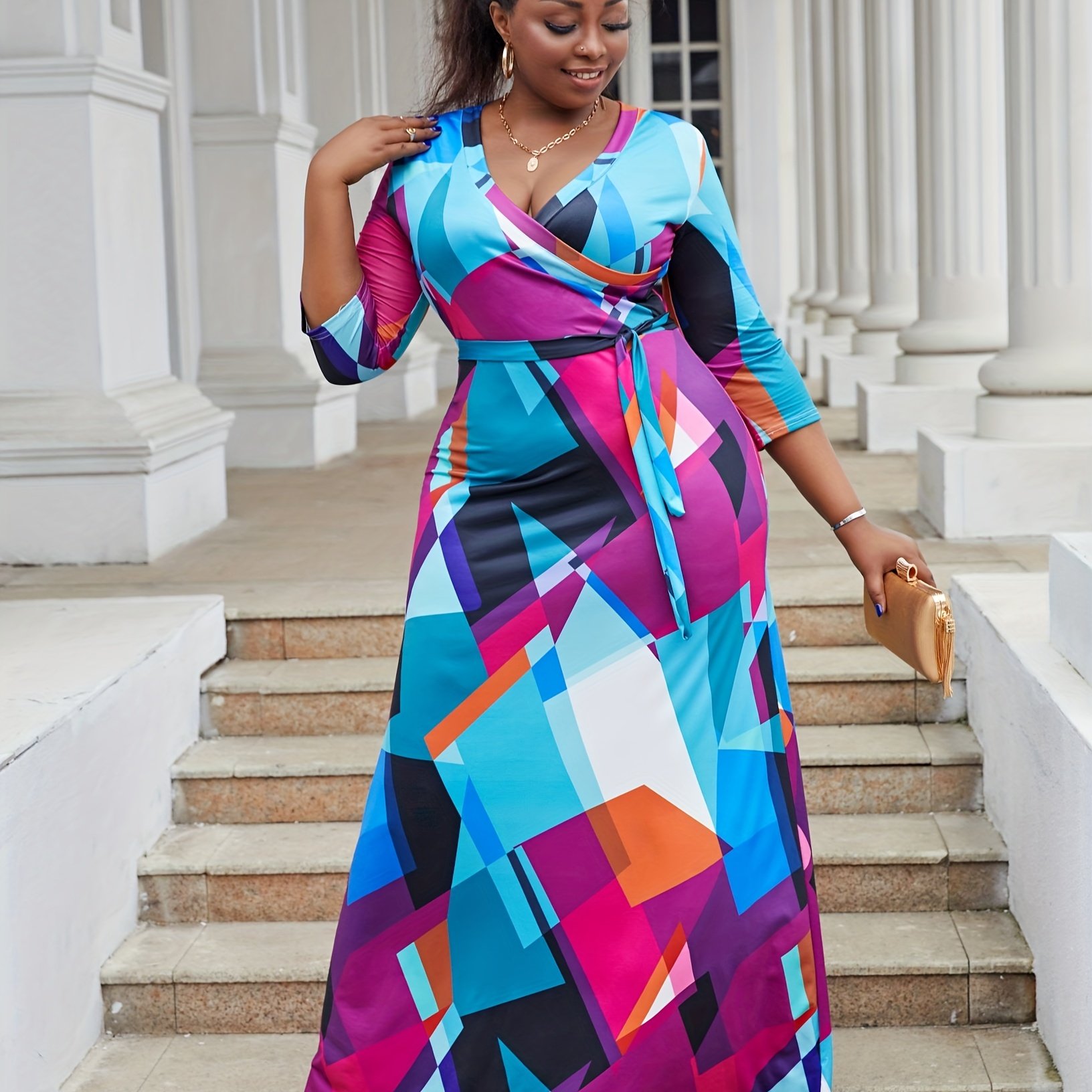 Elevate Your Style Women&#39;S Plus Size Maxi Dresses 3/4 Sleeves Bohemian Long Dress Trendy Printed Swing Dress With Belt For Effortless Elegance