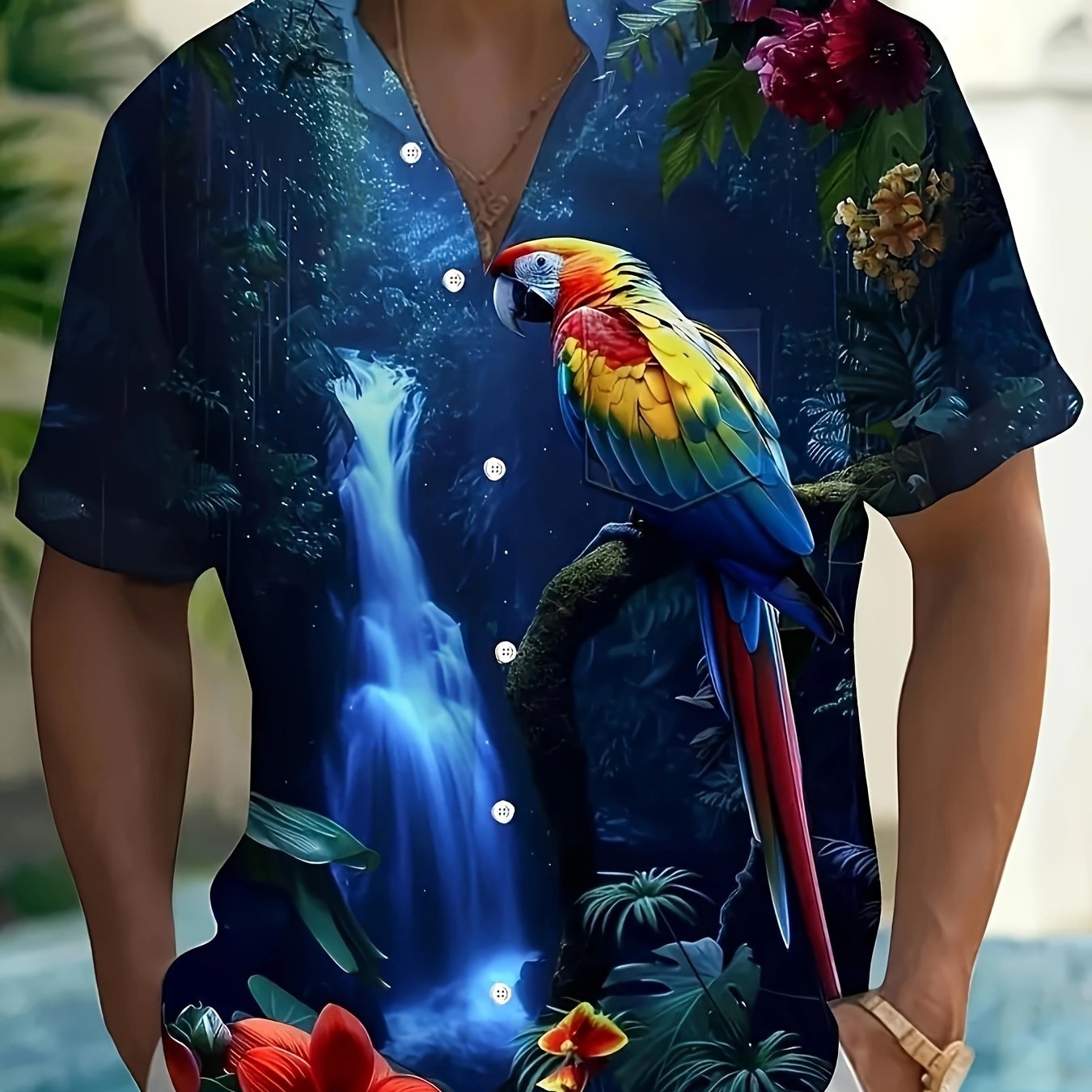 TEMU Men's Hawaiian Parrot & Tropical Floral -up Shirt - Vibrant Waterfall & Foliage Design, Loose Fit Short Sleeve, Machine Washable Summer Casual