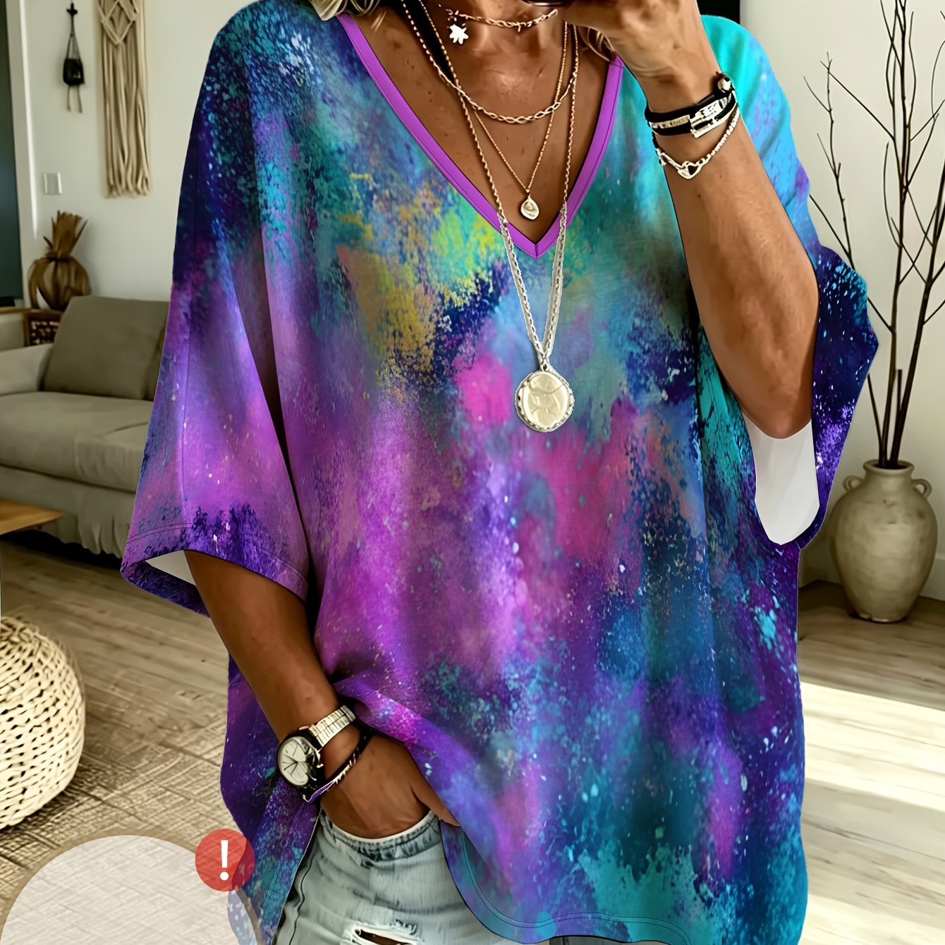 TEMU Plus Size, Plus-size Women's Casual V-neck Three-quarter Sleeve Top With A Vibrant Purple- Starry , Loose Fit For Figure Coverage, And