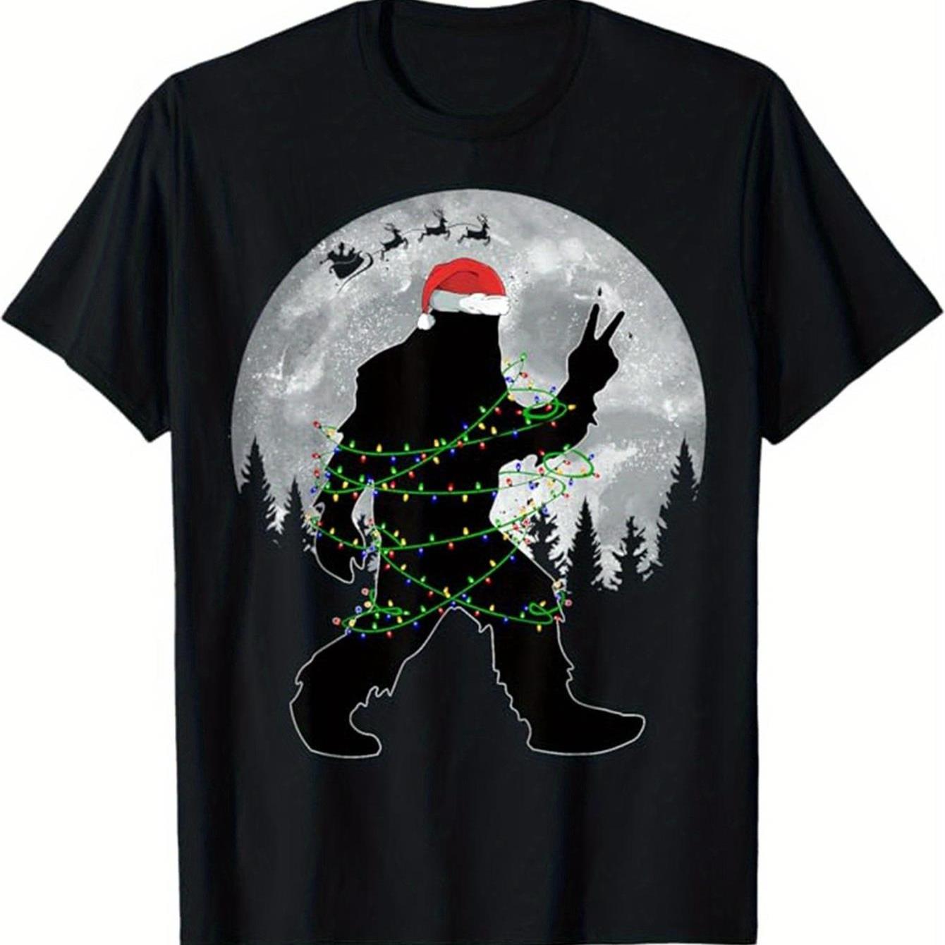 TEMU Men's Sasquatch Christmas T-shirt - Black With White & Reindeer Print, Santa Hat Design, Soft Breathable Cotton Short Sleeve Tee, Casual Wear,