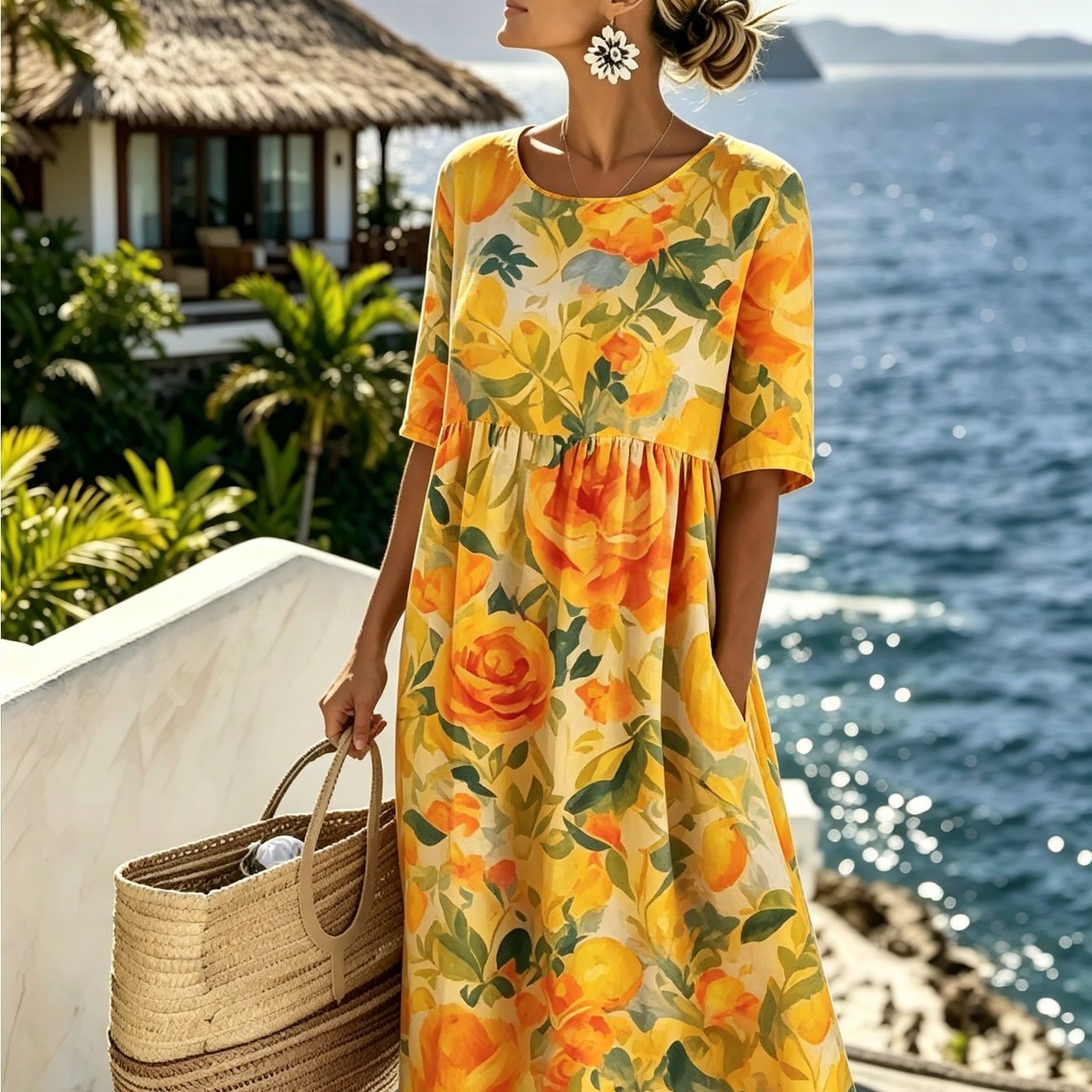 Women's -line Midi Dress With Pockets - Full-length Geometric Print -rise, Round Neck Half-sleeve Loose Fit Beach Dress Suitable For Vacation, Casual Summer Outfits, Machine Washable Hem Dress
