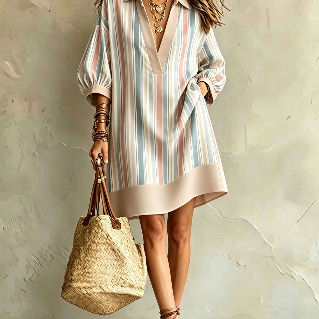 Image of Women's Summer Lapel Striped Dress, Loose Fit , Drop-shoulder 3/4 Sleeves, Color- Trim, Figure-flattering & Breathable, Perfect For Beach Vacations, Daily , Shopping And Commuting