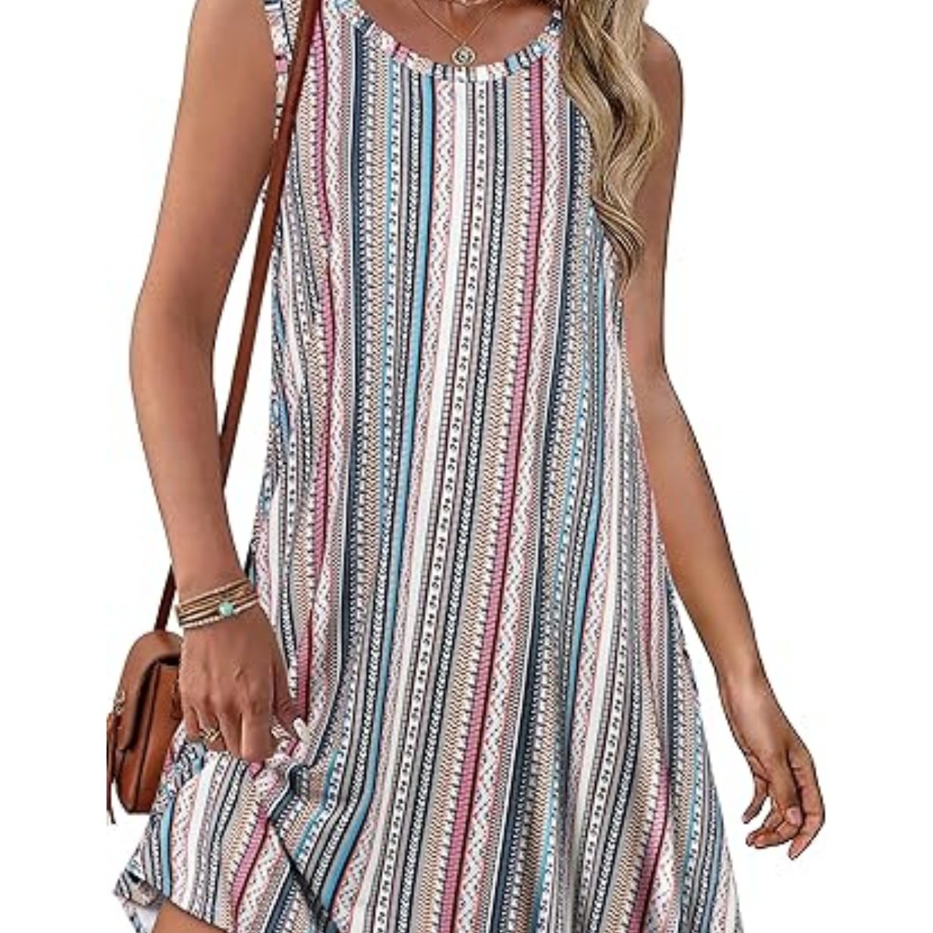Image of Plus Size, Women's Plus Size Summer Dress, Bohemian Striped Sleeveless Casual T-shirt Vest Dress, Loose Vest Beach Dress