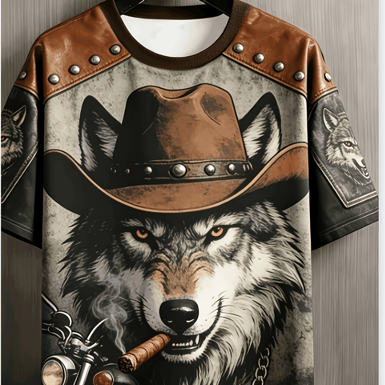TEMU Printed Design - Not Textured Plus Size Crew Neck Short Sleeve T-shirt, Plus Size Animal Print T-shirt, Western Cowboy Wolf Print Short Sleeve,
