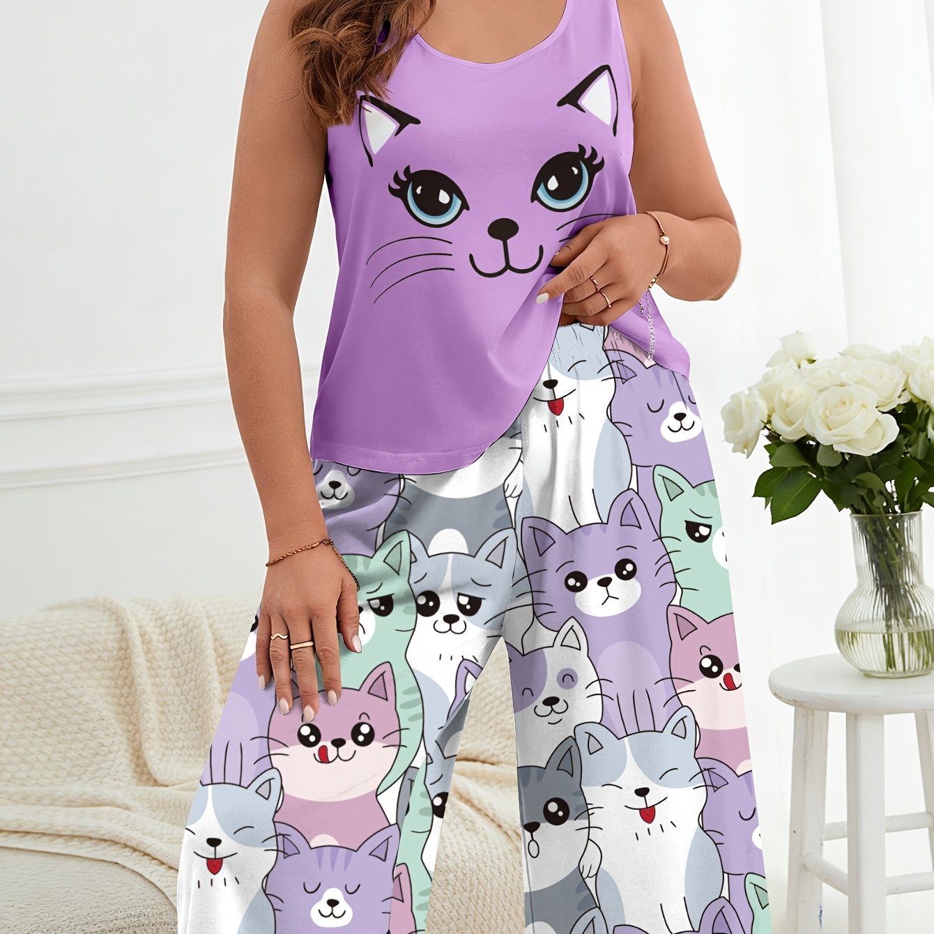 Plus Size Purple Cats Pajama Set