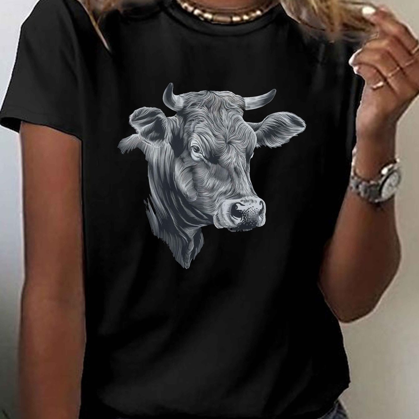 TEMU Black And Head Print T-shirt, Short Sleeve Crew Neck Casual Top For Summer & Spring, Women's Clothing