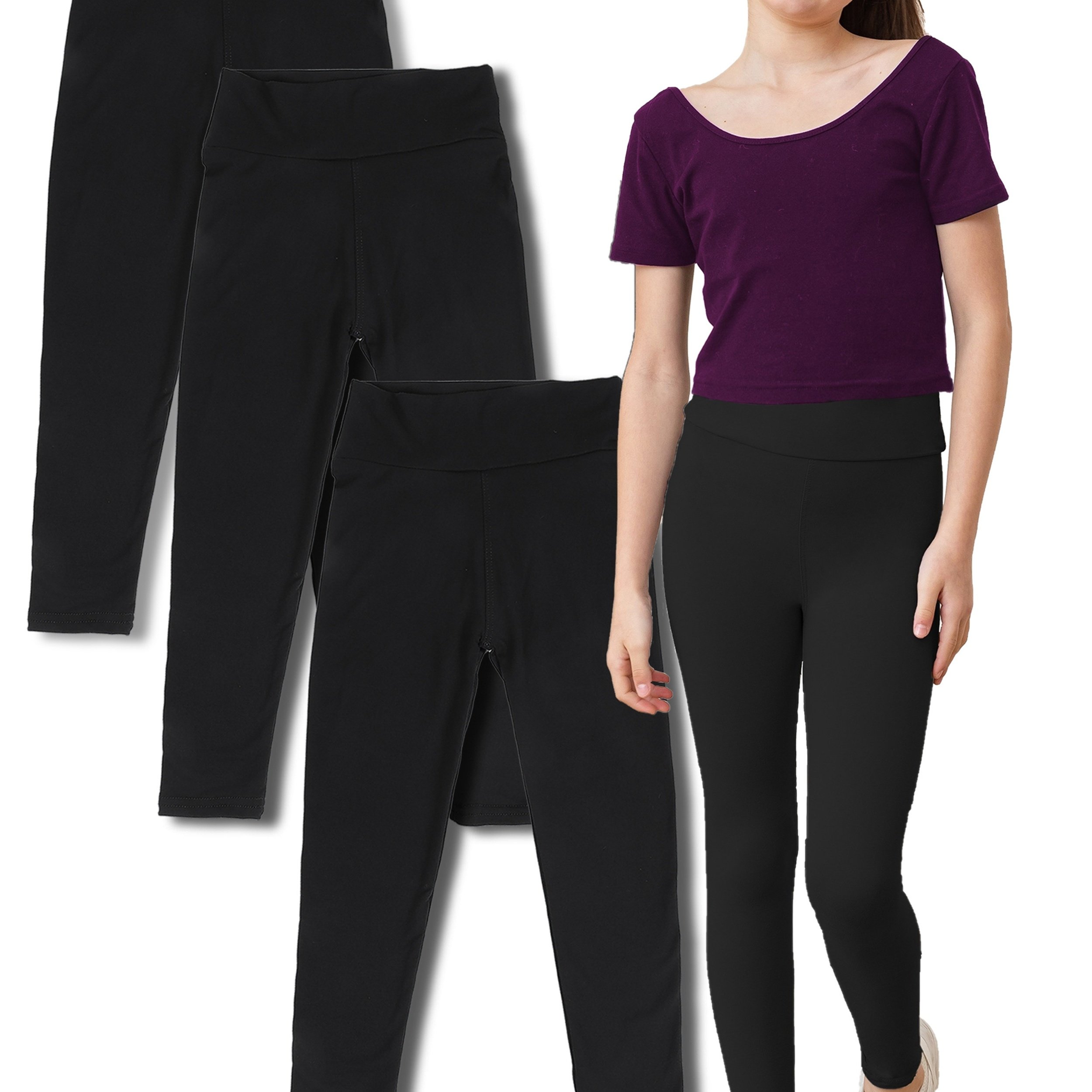 Image of 3-pc High-waisted Pants, Girls' Super Soft And Stretchy Autumn And Winter Black High-waisted Cropped Pants Set