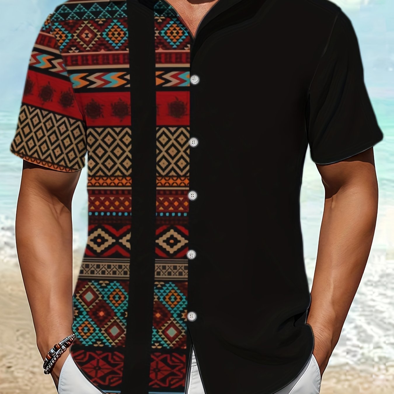 TEMU - Men's Lightweight Vintage Ethnic Print Short-sleeve Shirt - Black With Colorful Geometric Patterns, Collar, Suitable For Summer Casual And
