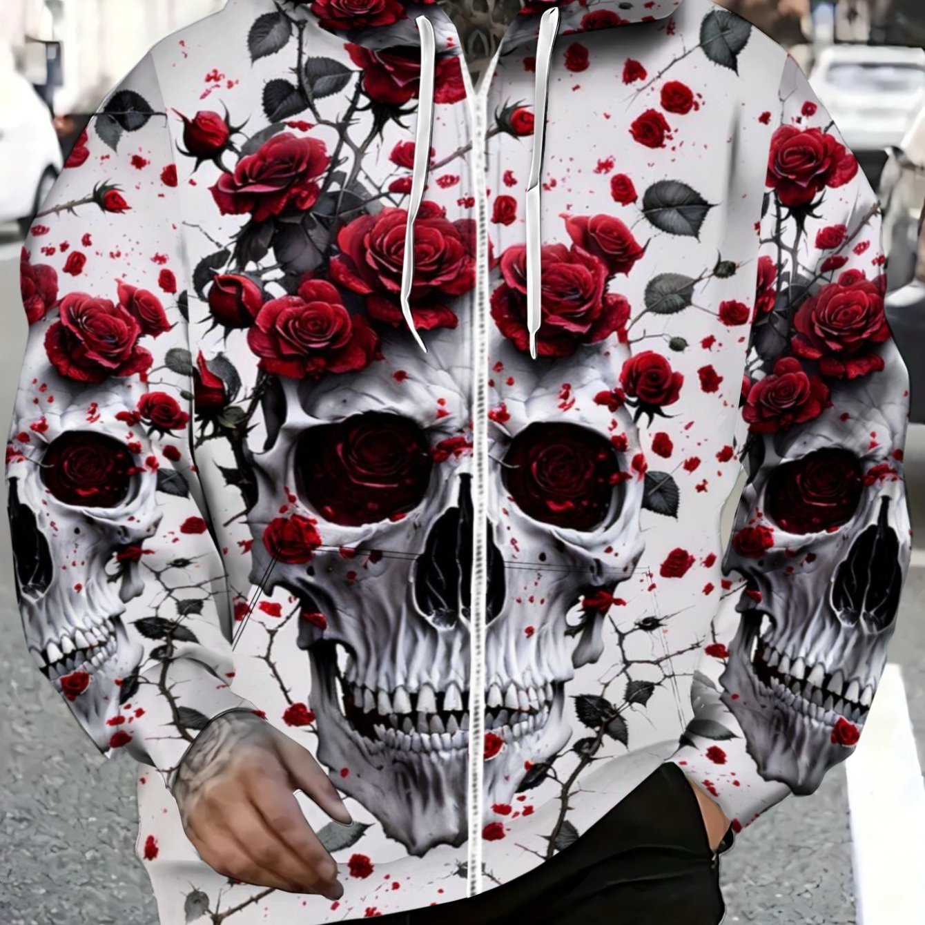 TEMU Men's Skull And Roses Print Zip-up Hoodie, Lightweight Casual Wear For Streetwear, Outdoor, And Everyday Use, White With Red , Durable And