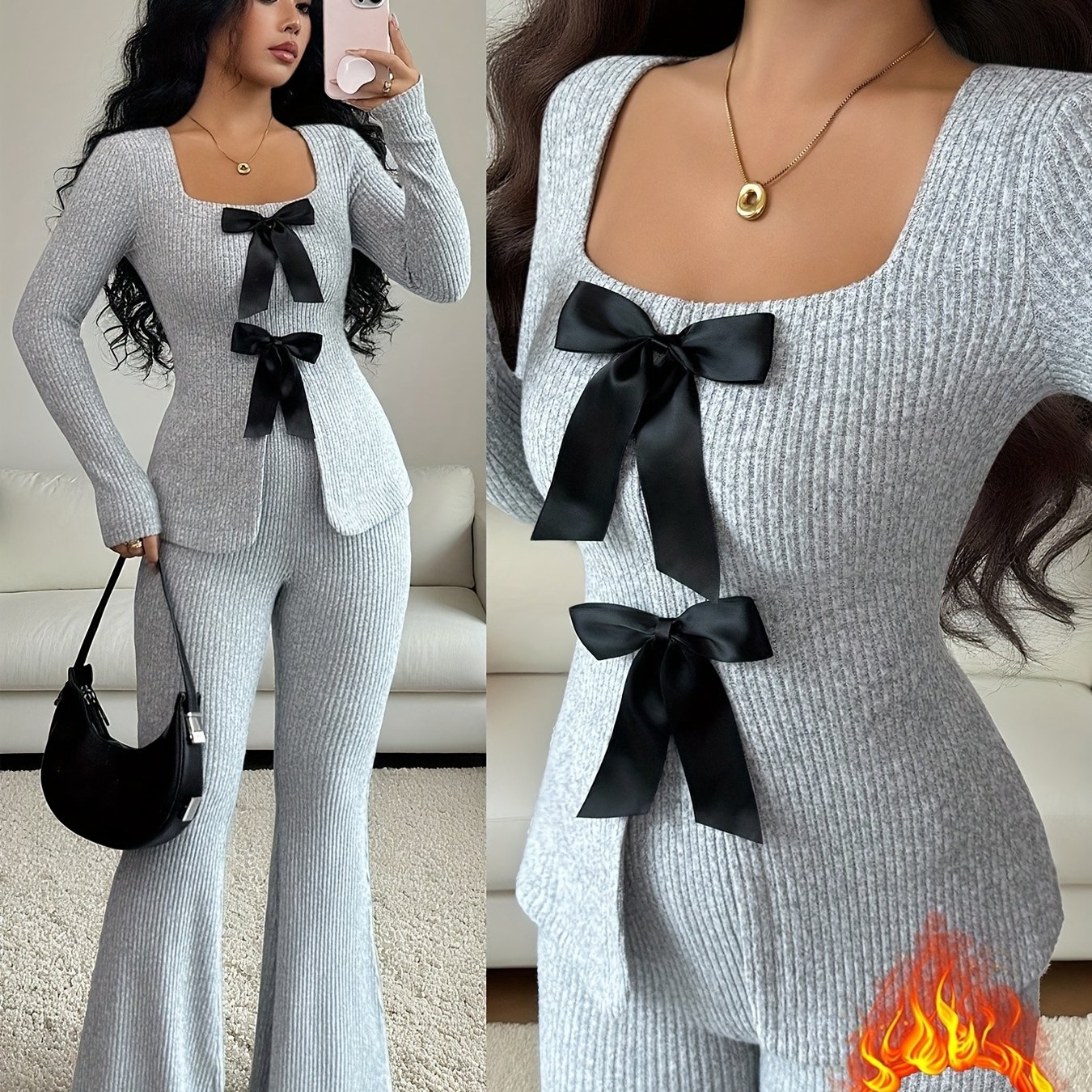 E-shop Elegantes Fashion Neues Herbst Winter Einfarbiges Warmes Quadratisches Ausschnitt Langarm Slim Fit Taille Schleife Dekor Top Slim Fit Warme