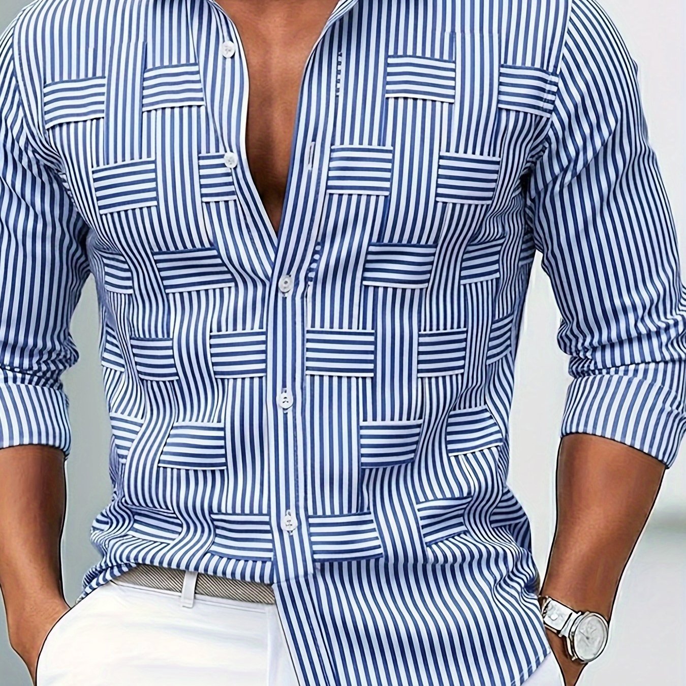 E-shop Herren Vintage Distressed Gestreiftes Geometrisches Hemd, Amerikanischer Retro Regular Langarm Blusen, Nostalgischer Casual Outing Style,