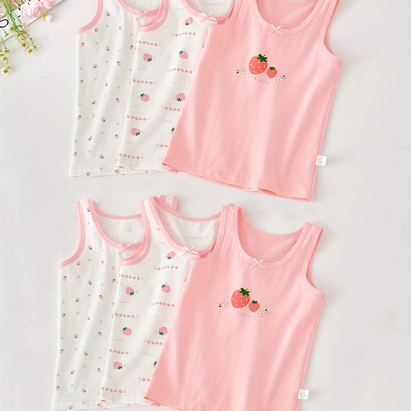 Image of 6-pack Girls' Vests, & White, Reversible 95% Cotton, Underwear, Sweat-absorbent & Breathable, Cartoon & Strawberry Floral Prints, Full Print With Front Bow, For Home, Travel & Casual Wear Blz