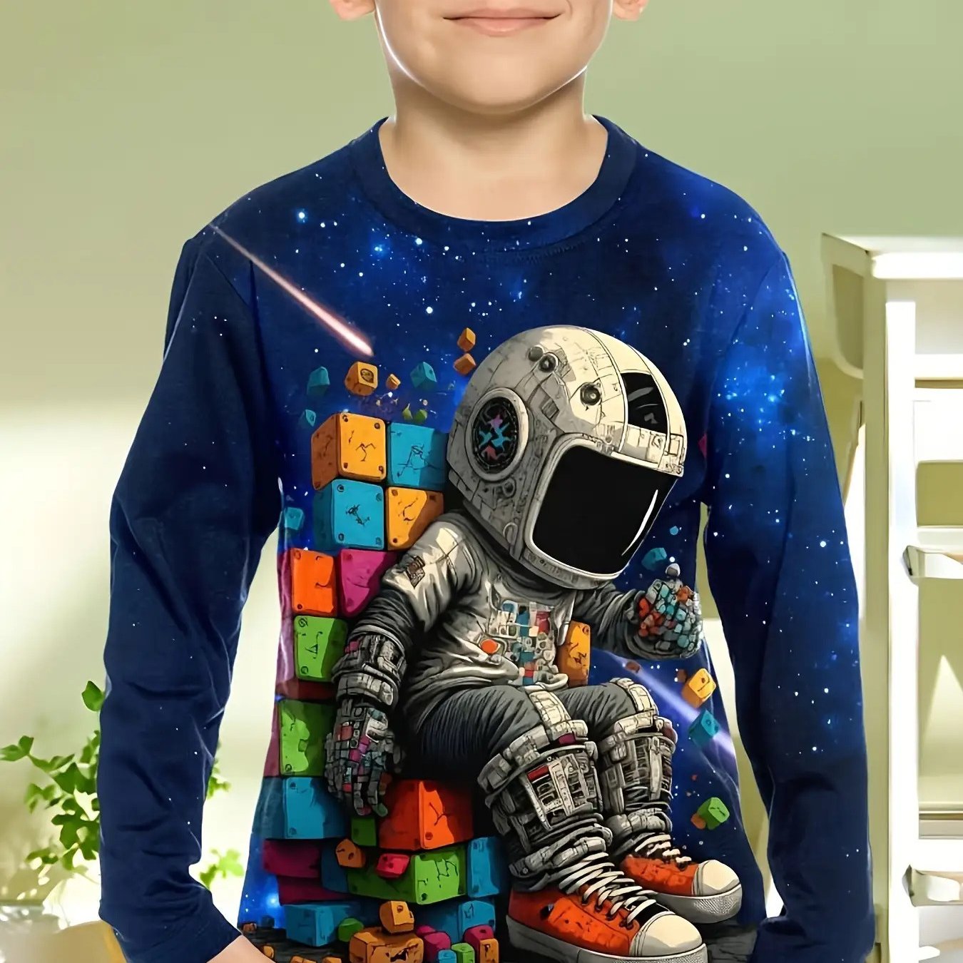 TEMU Boys' Astronaut 3d Printed Long Sleeve T-shirt - Casual And Comfortable, Essential For Spring And Autumn