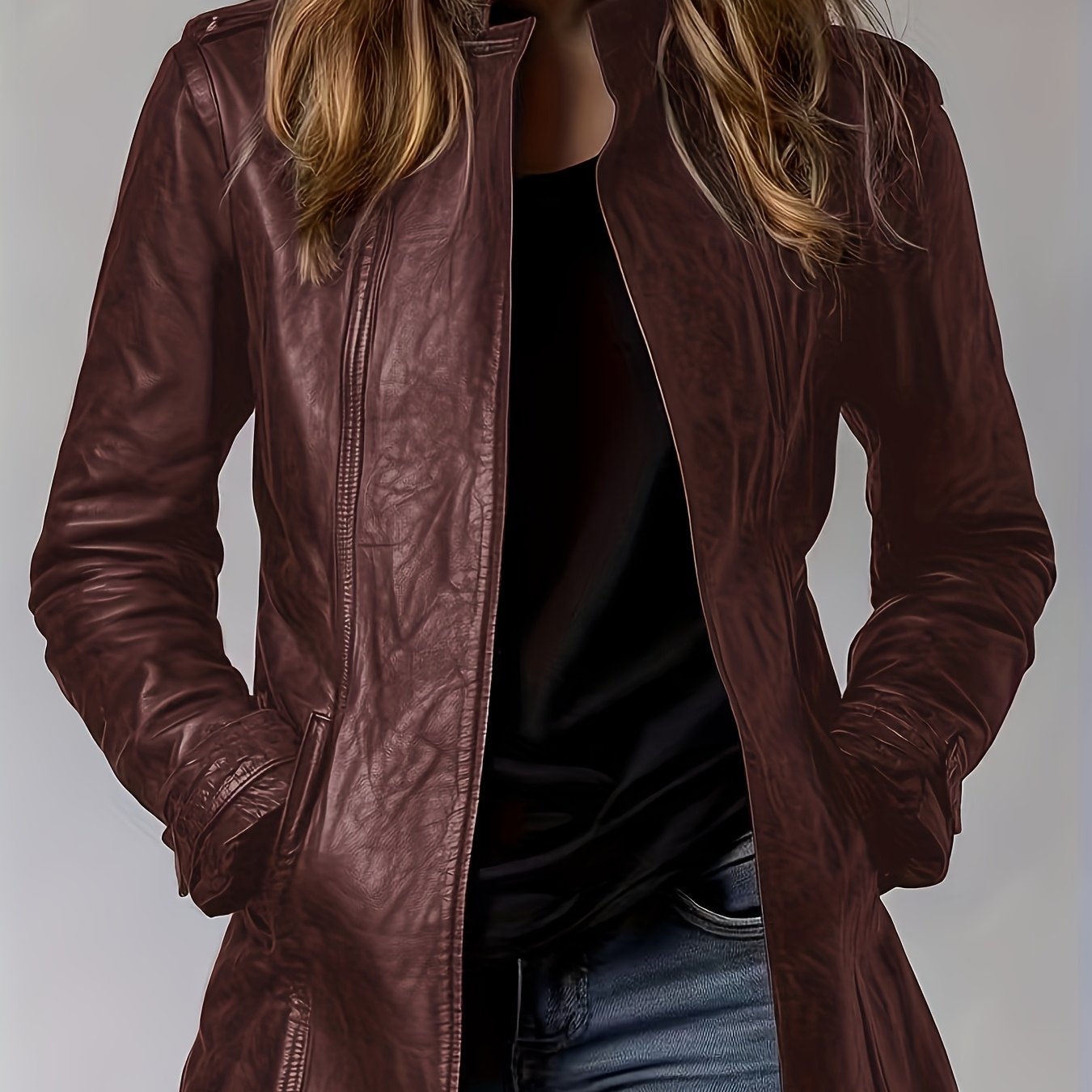 TEMU Pu Spring, Summer, And Autumn Washable Casual Pocket Loose Mid-length Cardigan Jacket, Retro Motorcycle Jacket Long-sleeve Outerwear, 3d Effect,