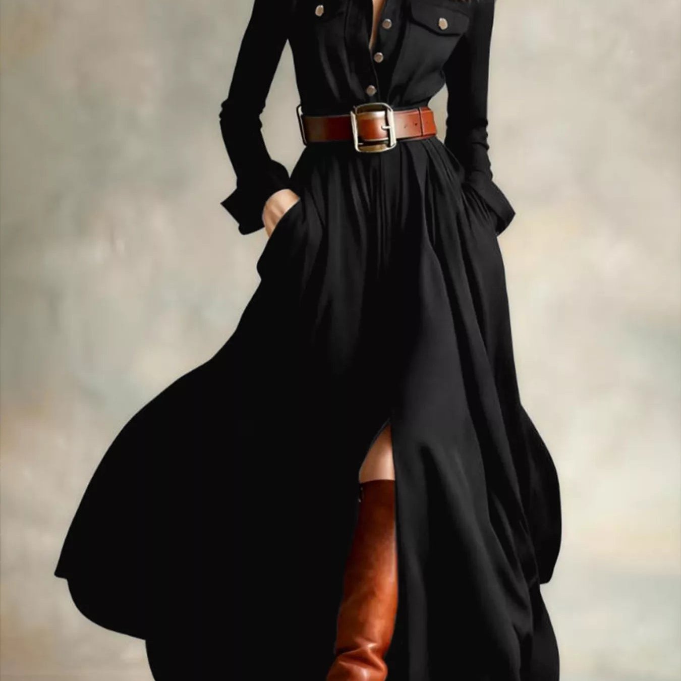 TEMU Elegant Casual Women' Color Long Dress With Lapel And Fake Pockets, Long Sleeve Small Gathering Dress (no Belt)