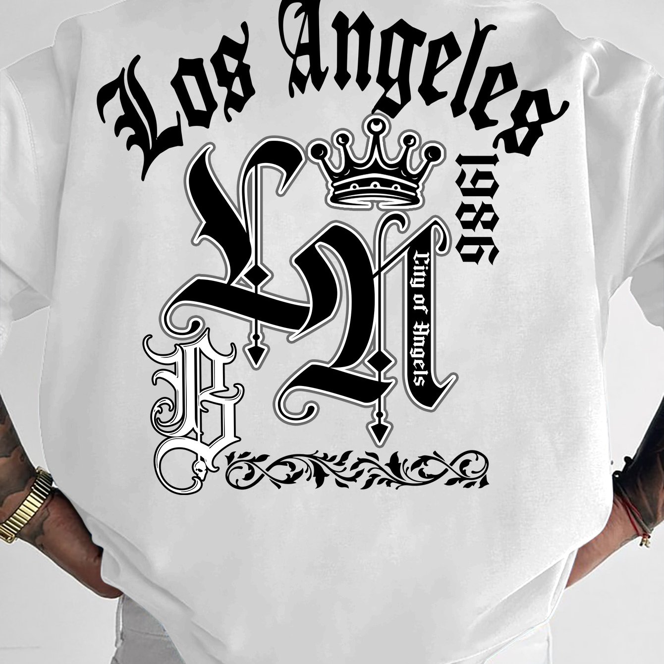 TEMU Men's Gothic Style Short-sleeve T-shirt With La Crown Print, Skateboard Streetwear Fashion