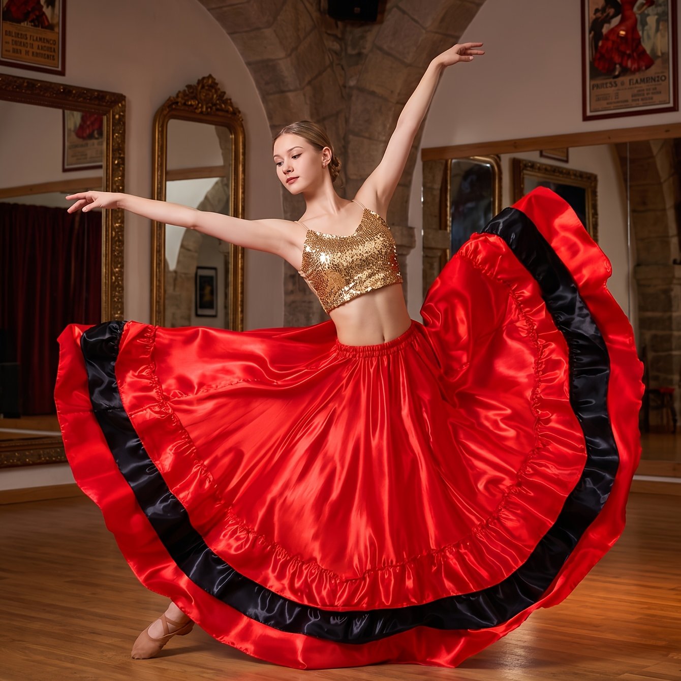 TEMU Spanish Flamenco Dance Sequined Skirt, Belly Dance Half Skirt, 360-degree Opening Dance Flared Skirt, Performance Costume, Show Outfit, Pleated