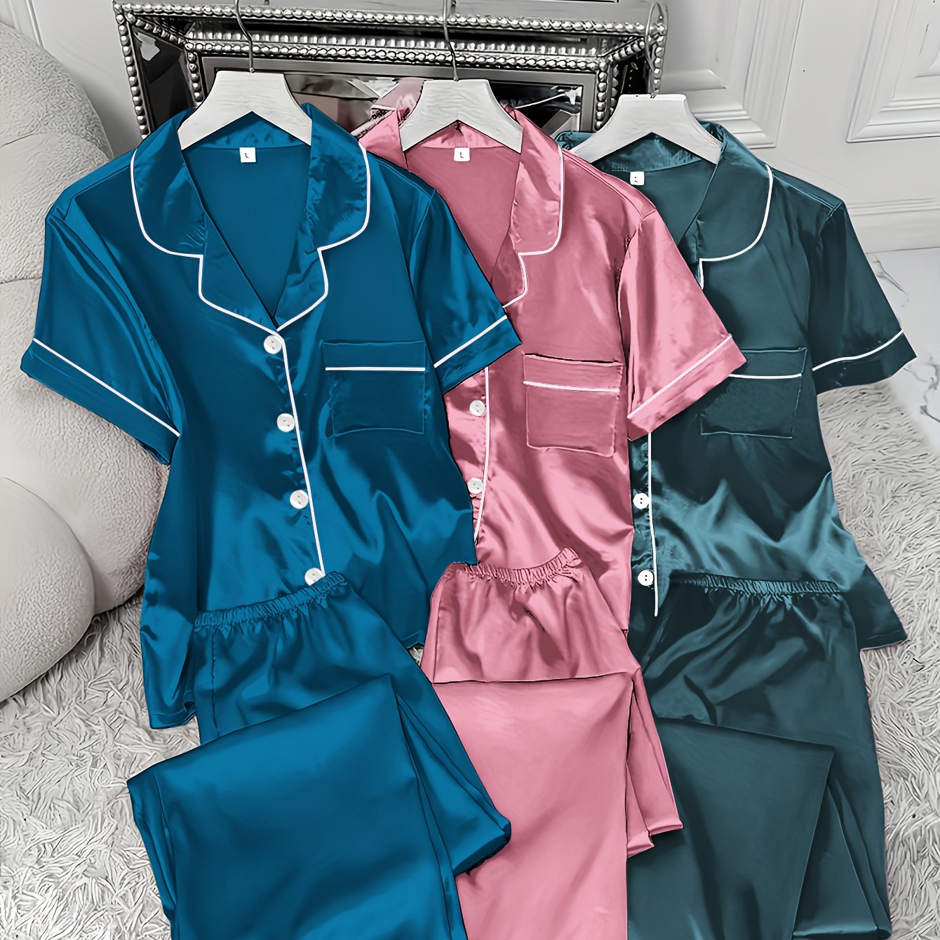 TEMU 3-pack 6-item Satin Pajama Set, Solid Color In 3 Color Combinations, Lapel Short-sleeve Top & Elastic Waistband Long Pants, Vintage Pajama Set,