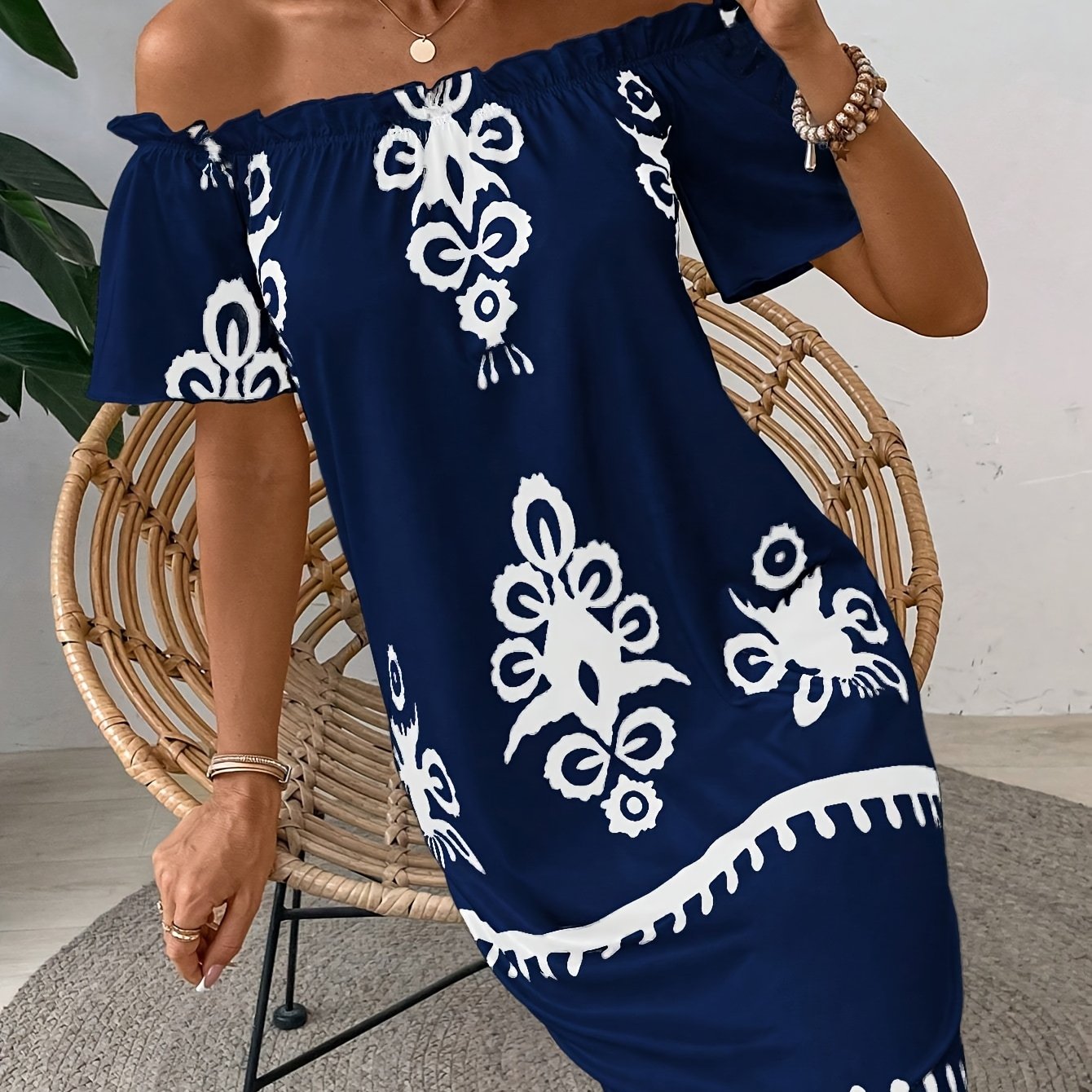 Women's Vintage Style Printed Off-shoulder Dress