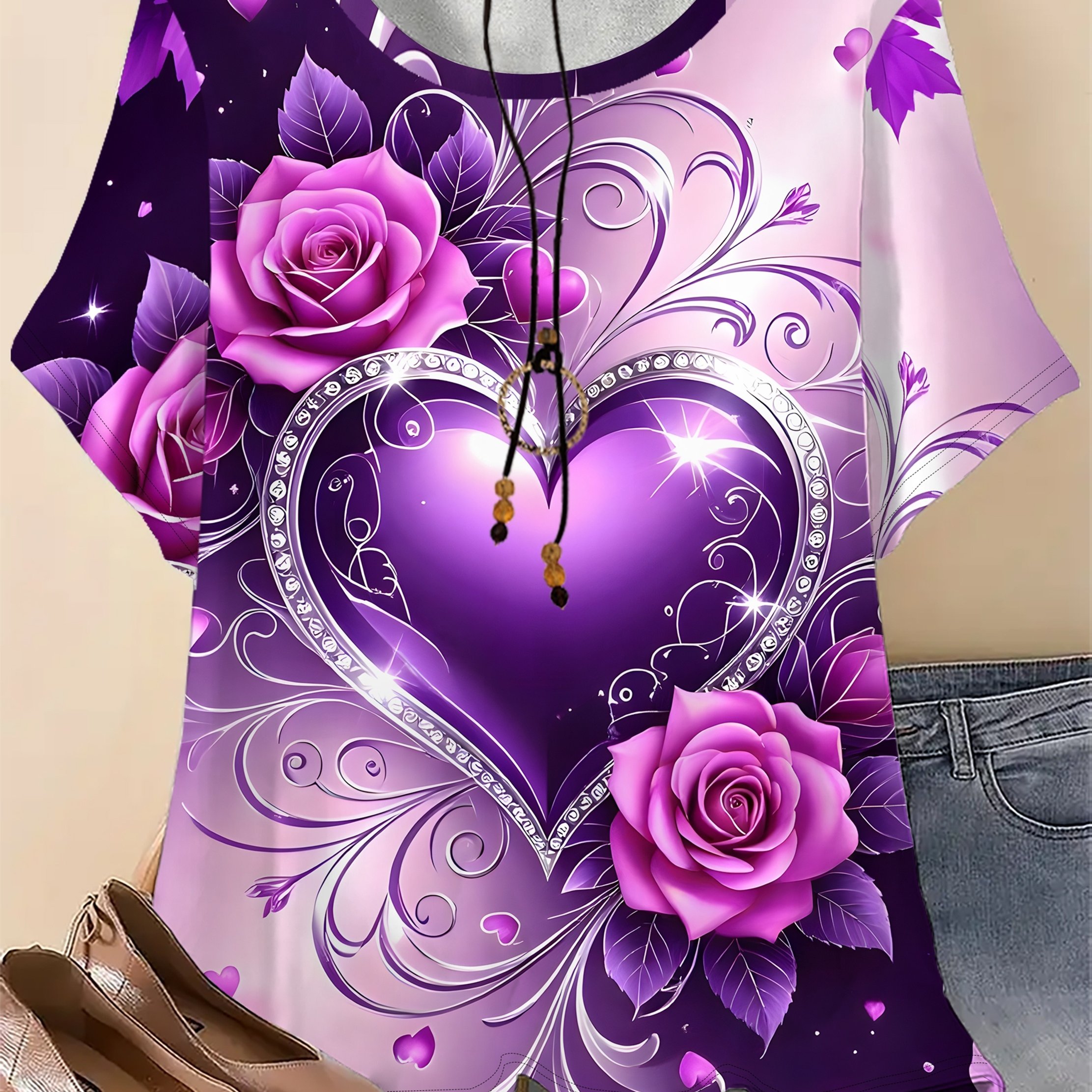 TEMU Plus Size, Plus Size - Purple Heart Rose Print Women's T-shirt | Round Neck, Slightly Stretchy Fabric, Machine Washable, Comfortable For