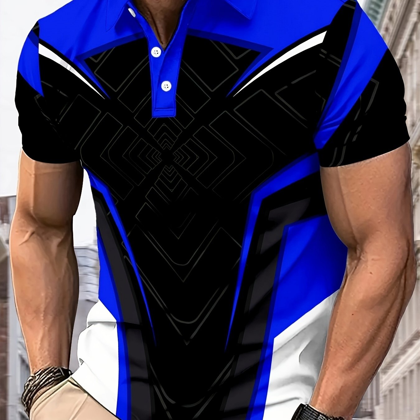 TEMU Men's Geometric Print Short Sleeve Shirt, Casual Button- Shirt, Suitable For Outdoor And Sports, New Summer Men's Shirt, Slim Fit Breathable