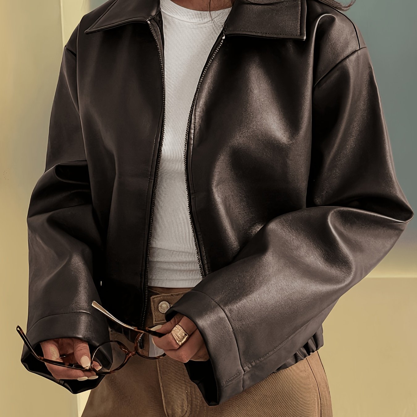 TEMU Elegant Women's Pu Jacket, A Stylish And Versatile Commuting Suitable For , In A Solid Color