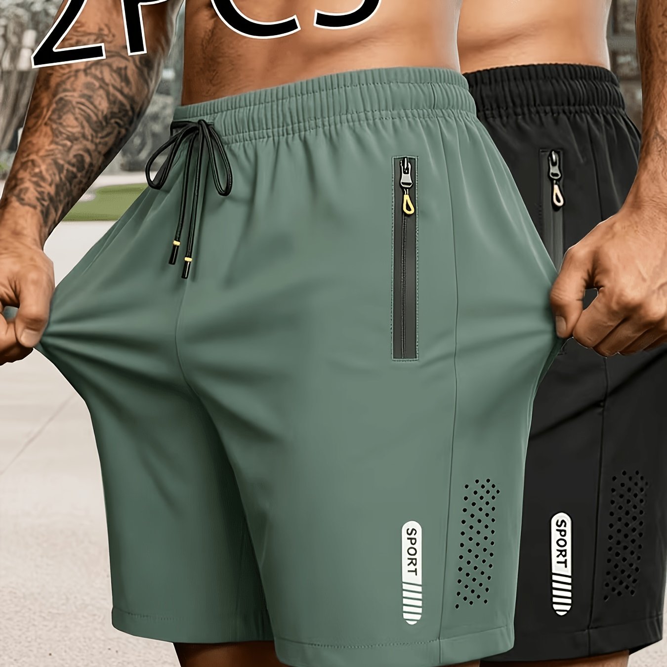 2pcs Men's Quick- Shorts With Zipper Security Pockets And Breathable Vents, For Outdoor Workout And Daily Leisure