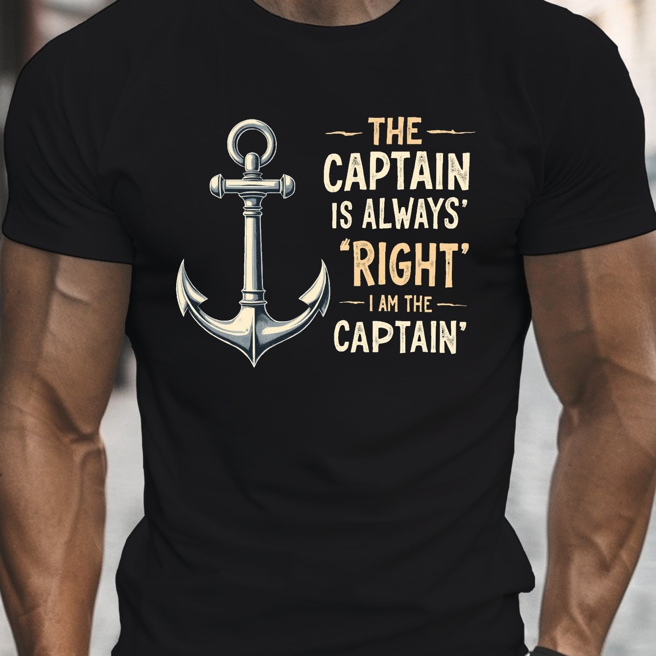 TEMU Men's Navy Blue "the Captain Is Right" T-shirt - Casual Crew Neck, Short Sleeve, Lightweight Summer Top With Anchor Design, Regular Fit, Casual