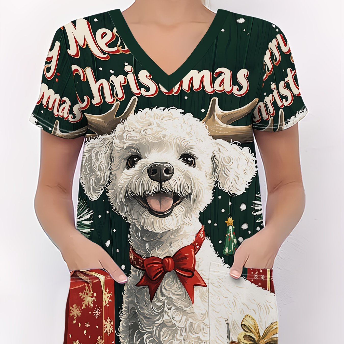 TEMU Christmas Women's Nurse Uniform Christmas Cute Dog: Wearing Antlers, Smiling To Welcome Printed T-shirts, Christmas V-neck T-shirt With Pockets,