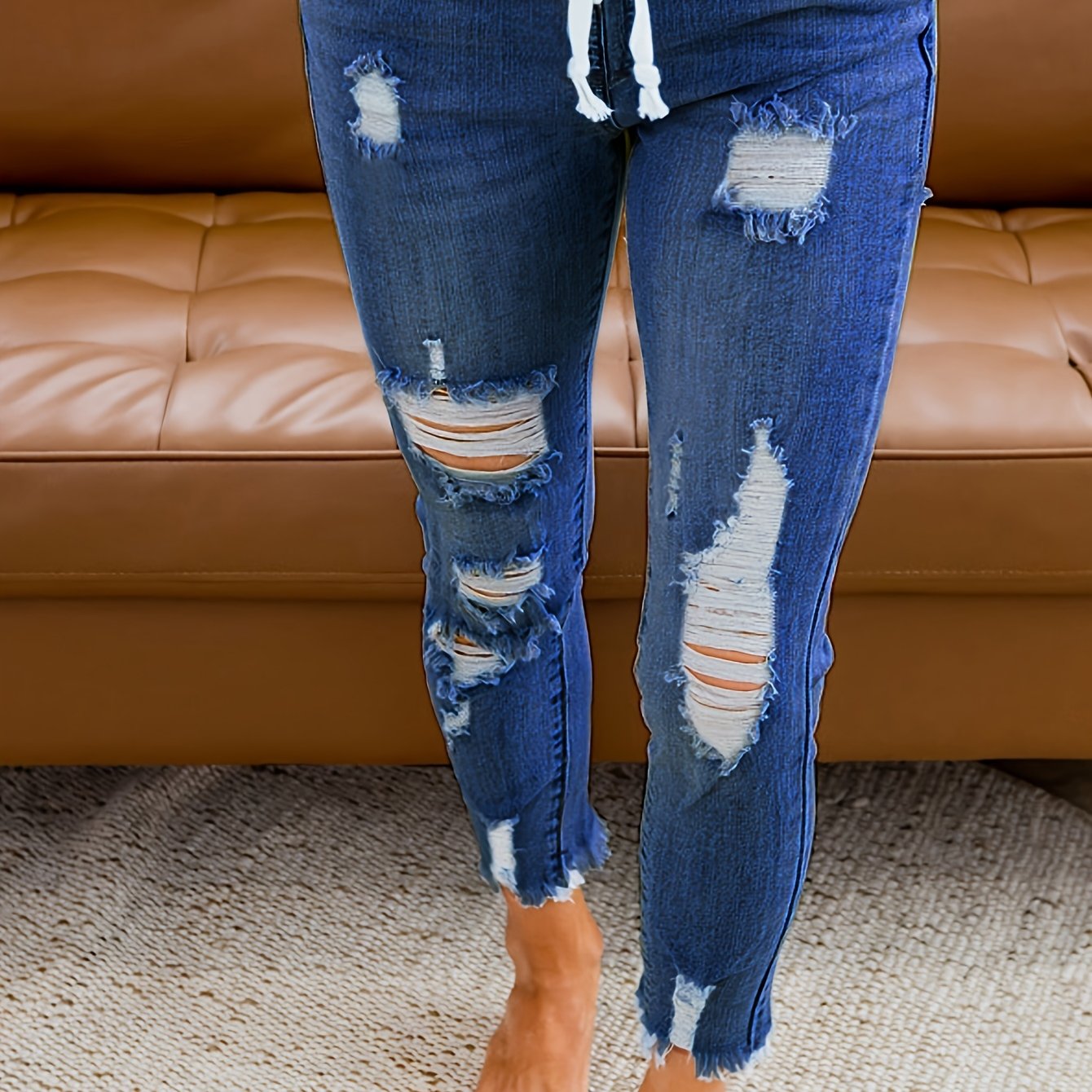 Women's Waist Drawstring Hole Fashionable Elastic Slim Fit Small Leg Jeans