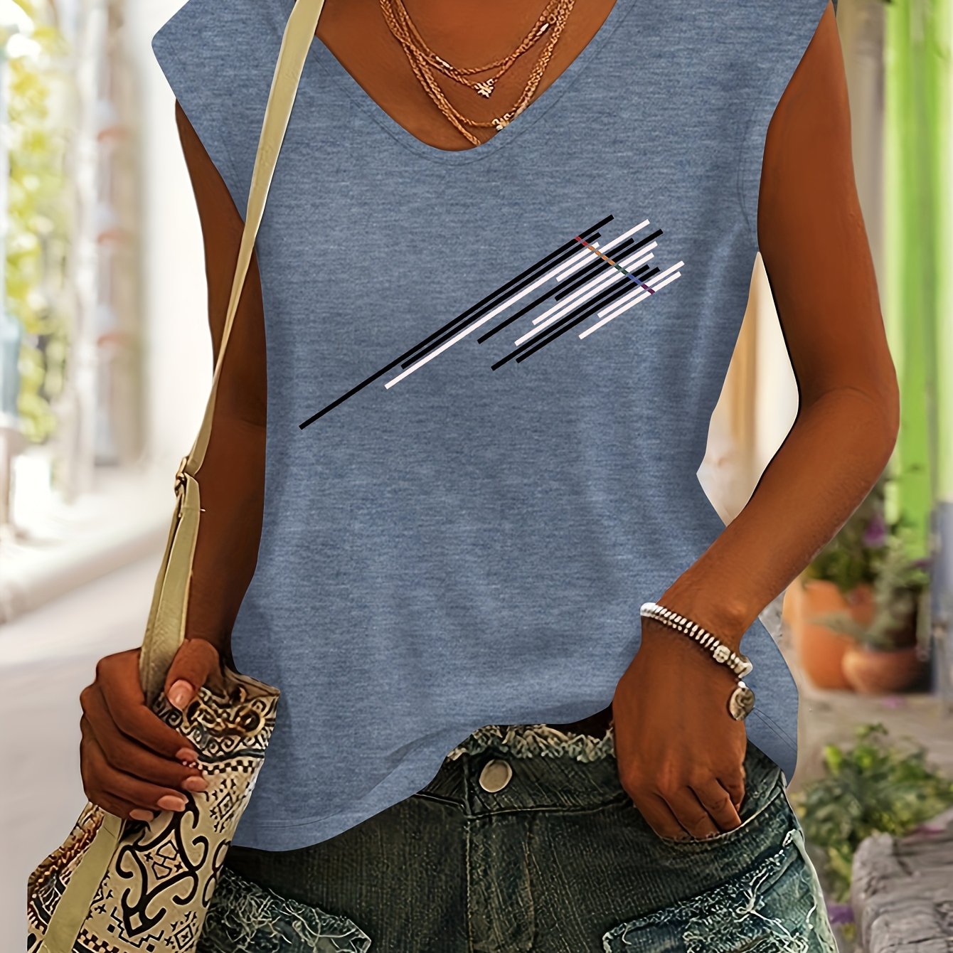 TEMU Women's Black And White Diagonal Geometric Print T-shirt, Spring/summer Casual Comfortable Simple -neck Seamless Short Sleeve Top